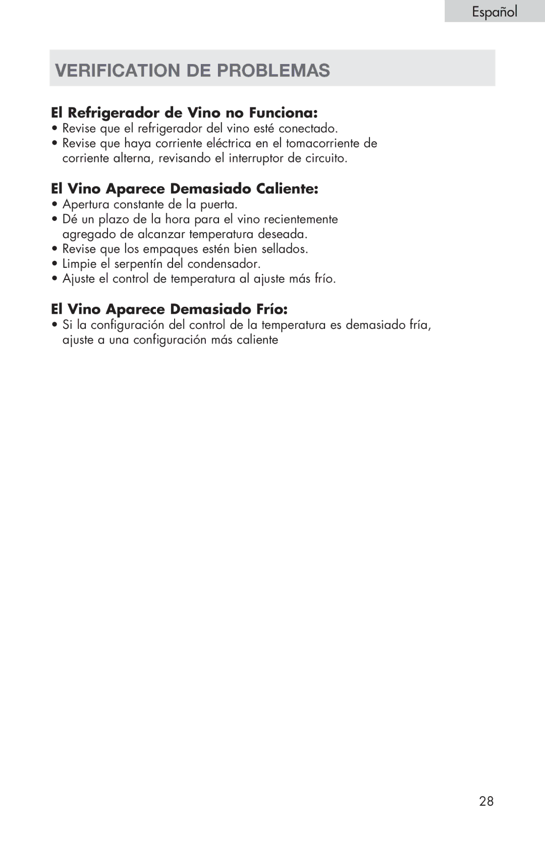 Haier HVTS04, HVTS06 Verification de problemas, El Refrigerador de Vino no Funciona, El Vino Aparece Demasiado Caliente 