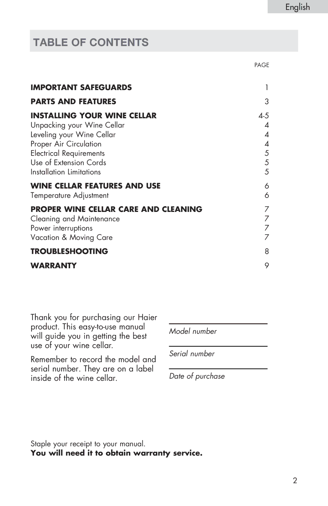 Haier HVTS06, HVTS08, HVTS04 user manual Table of contents 