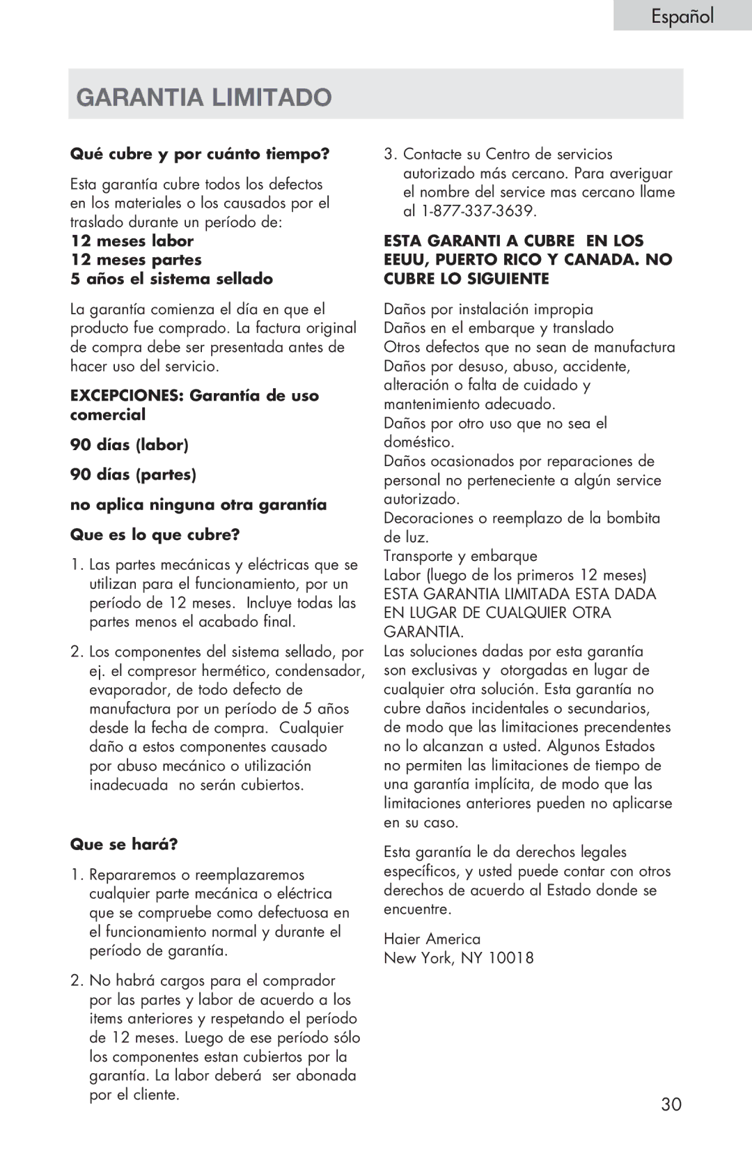 Haier HVTS08, HVTS06, HVTS04 user manual Garantia limitado, Qué cubre y por cuánto tiempo? 