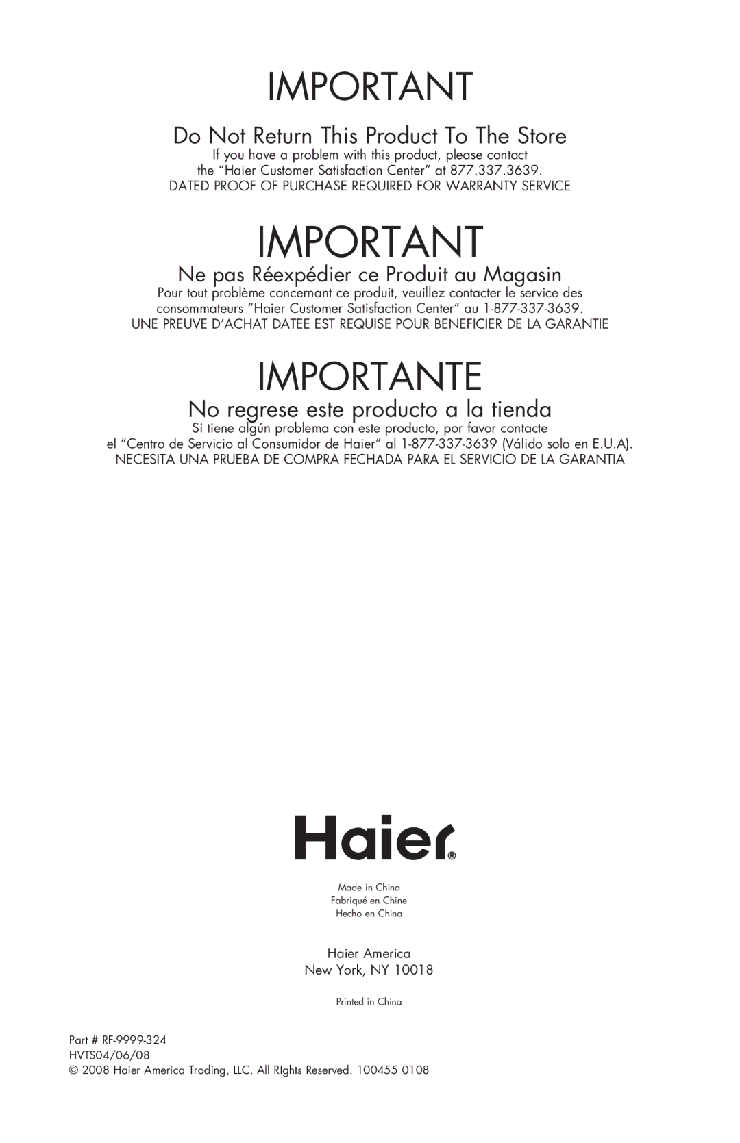 Haier HVTS04, HVTS06, HVTS08 user manual Importante 