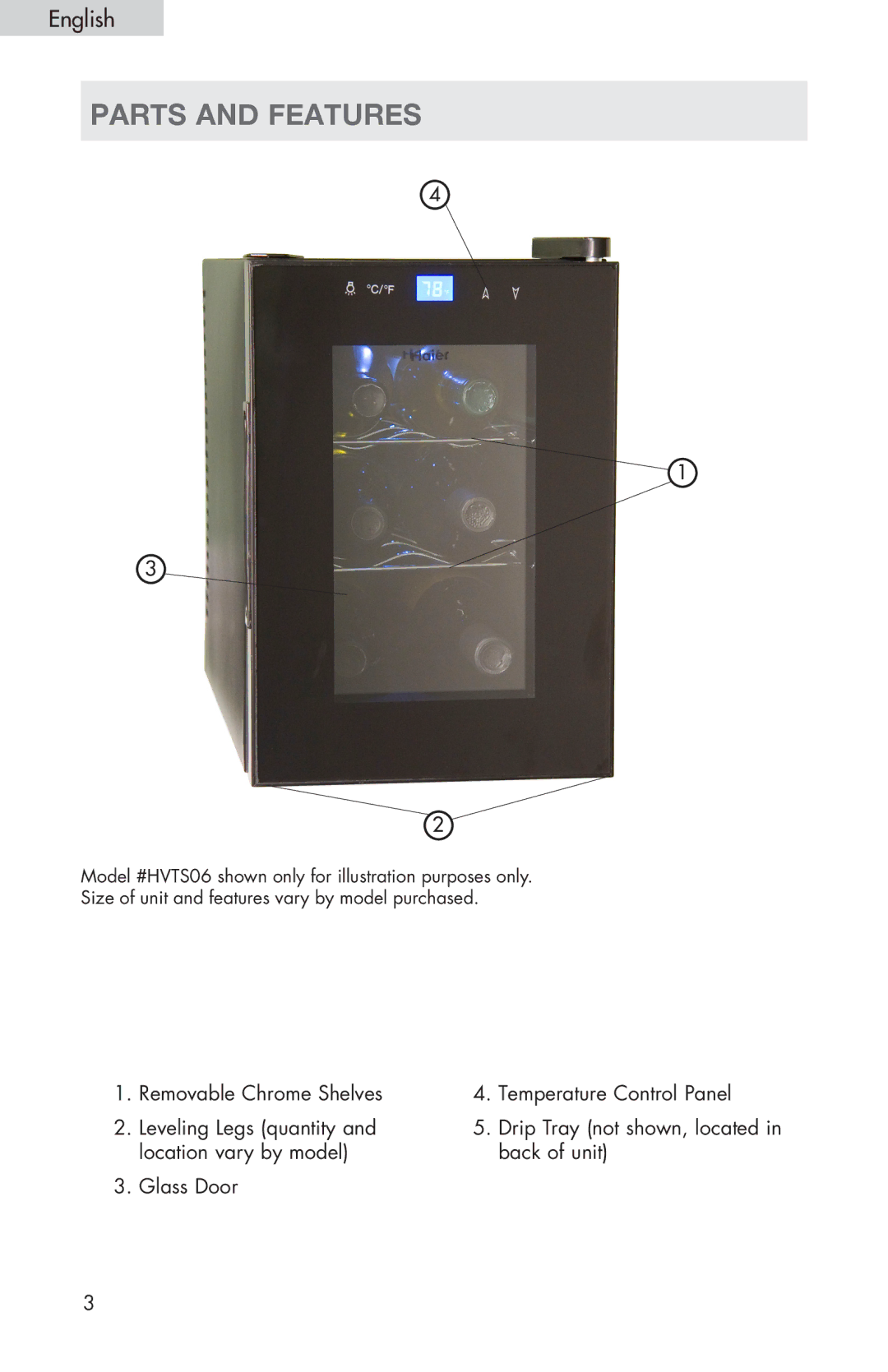 Haier HVTS08, HVTS06, HVTS04 user manual Parts and features 