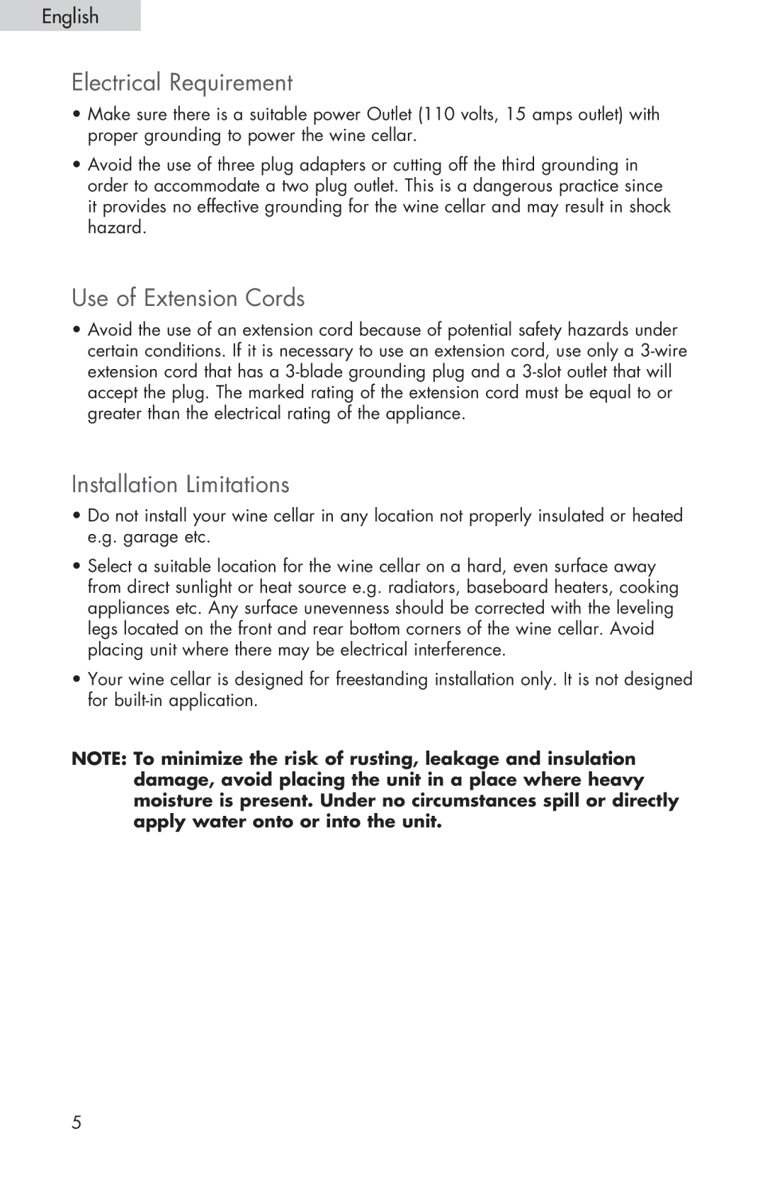 Haier HVTS06, HVTS08, HVTS04 user manual Electrical Requirement, Use of Extension Cords, Installation Limitations 