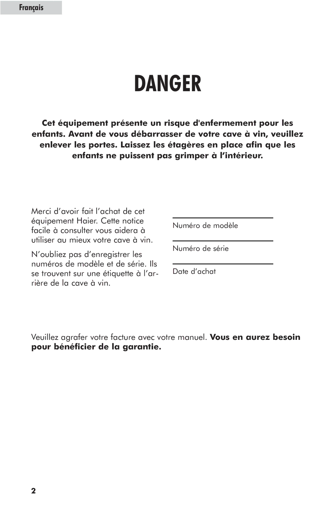 Haier HVZ040AB, HVZ035AB user manual Numéro de modèle Numéro de série Date d’achat 