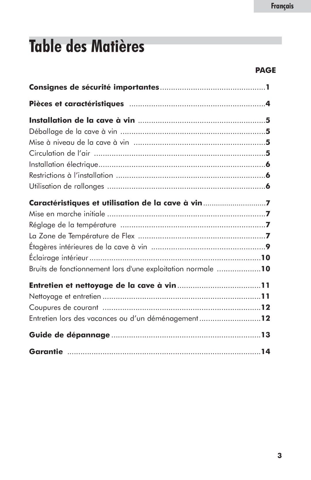 Haier HVZ035AB, HVZ040AB user manual Table des Matières, Caractéristiques et utilisation de la cave à vin 