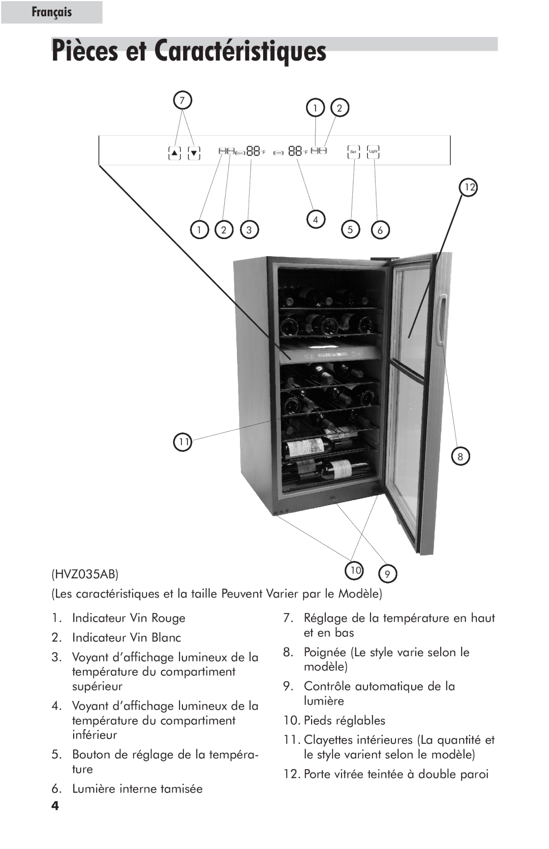 Haier HVZ040AB, HVZ035AB user manual Pièces et Caractéristiques 