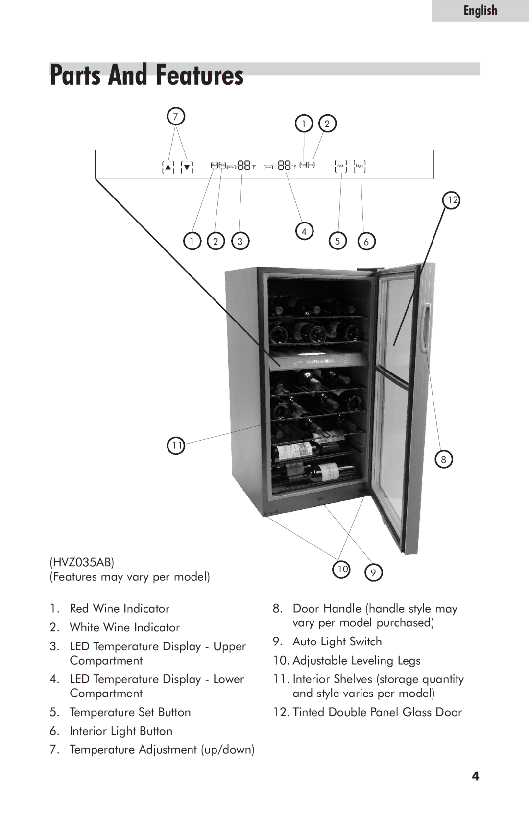 Haier HVZ035AB, HVZ040AB user manual Parts And Features 