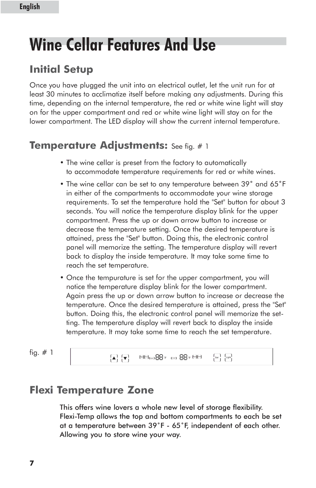 Haier HVZ040AB Wine Cellar Features And Use, Initial Setup, Temperature Adjustments See fig. #, Flexi Temperature Zone 