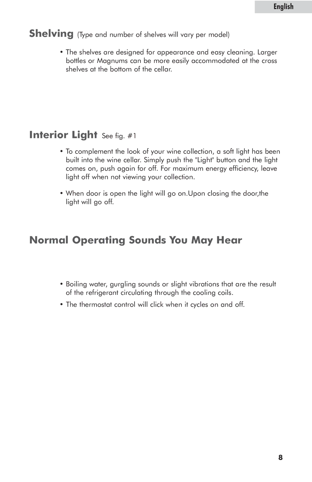 Haier HVZ035AB, HVZ040AB user manual Interior Light See fig. #1, Normal Operating Sounds You May Hear 