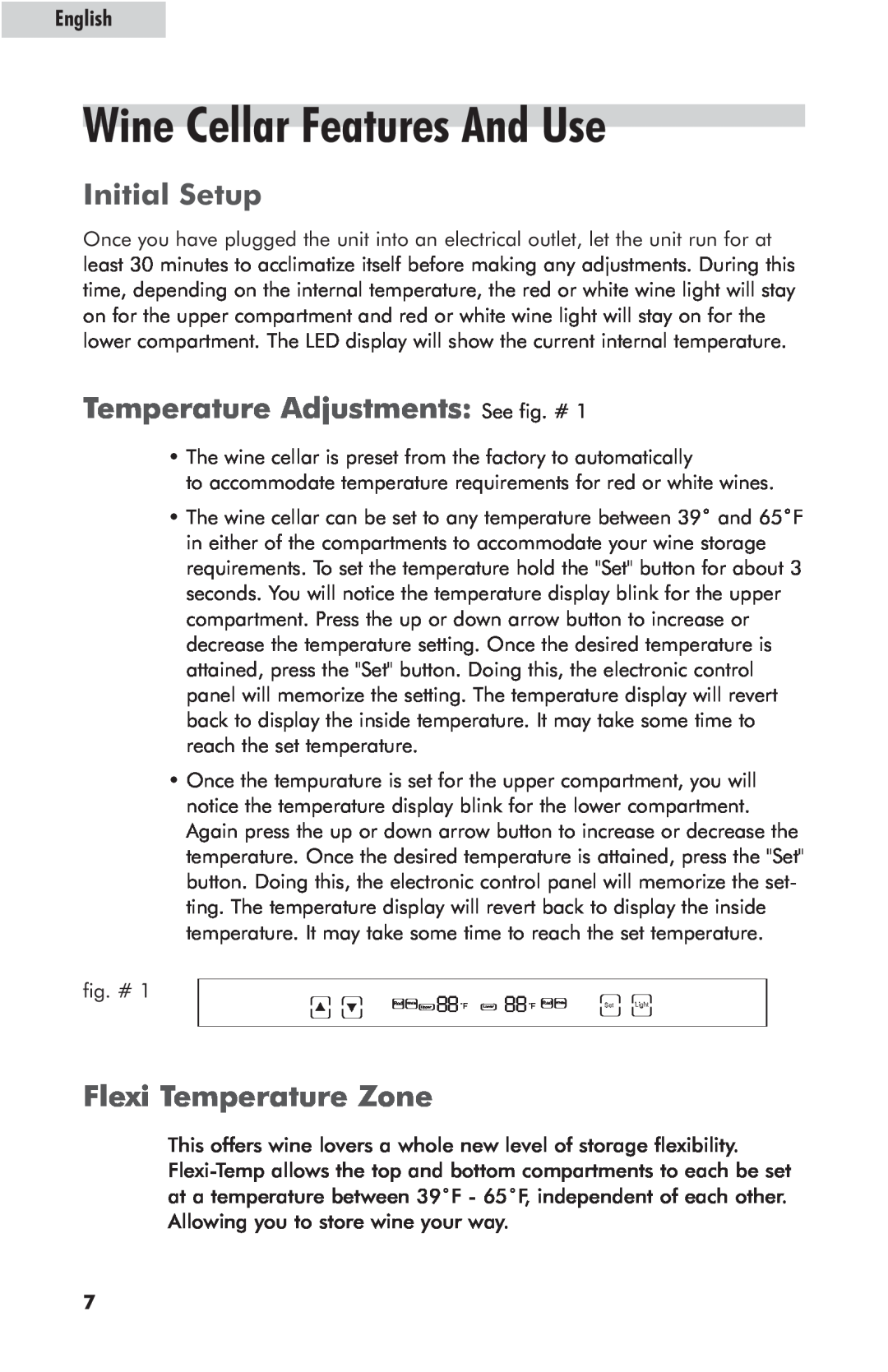 Haier HVZ040AB Wine Cellar Features And Use, Initial Setup, Temperature Adjustments: See fig. #, Flexi Temperature Zone 