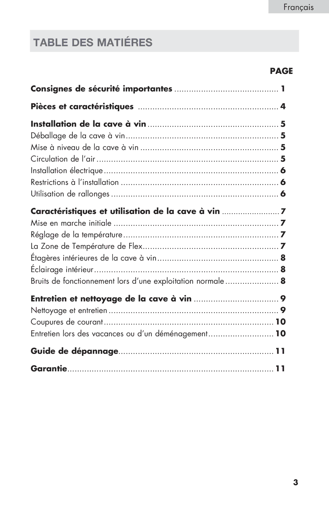 Haier HVZ040ABH5S user manual Table des matiéres, Français, Caractéristiques et utilisation de la cave à vin 