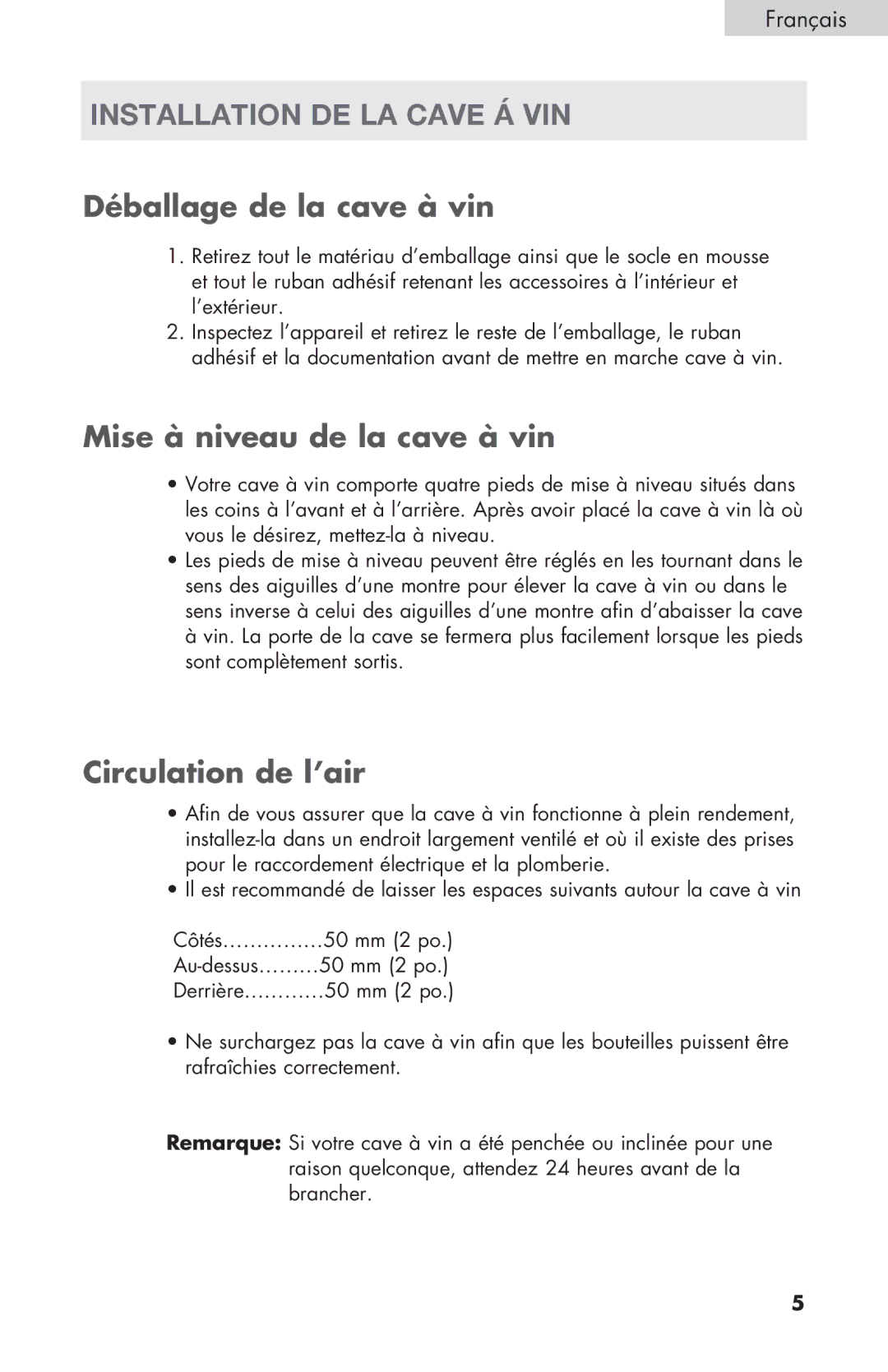 Haier HVZ040ABH5S user manual Installation de la cave á vin, Déballage de la cave à vin, Mise à niveau de la cave à vin 