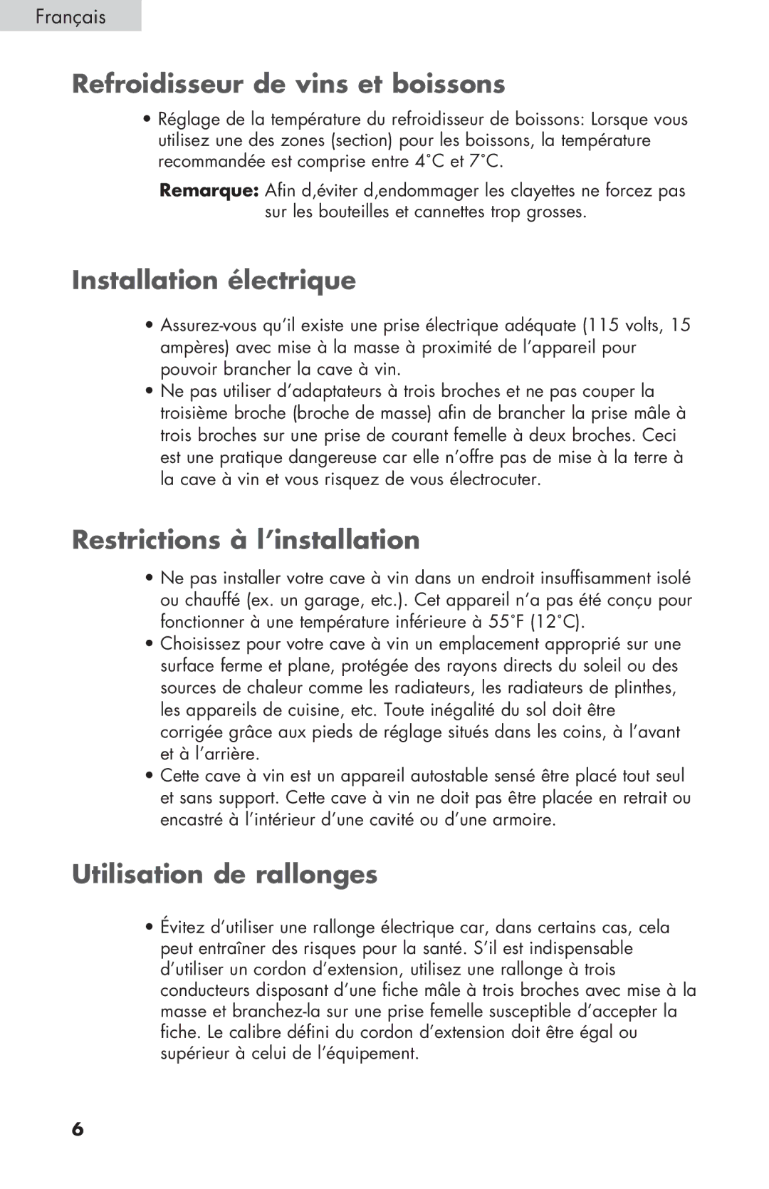 Haier HVZ040ABH5S user manual Refroidisseur de vins et boissons, Installation électrique, Restrictions à l’installation 