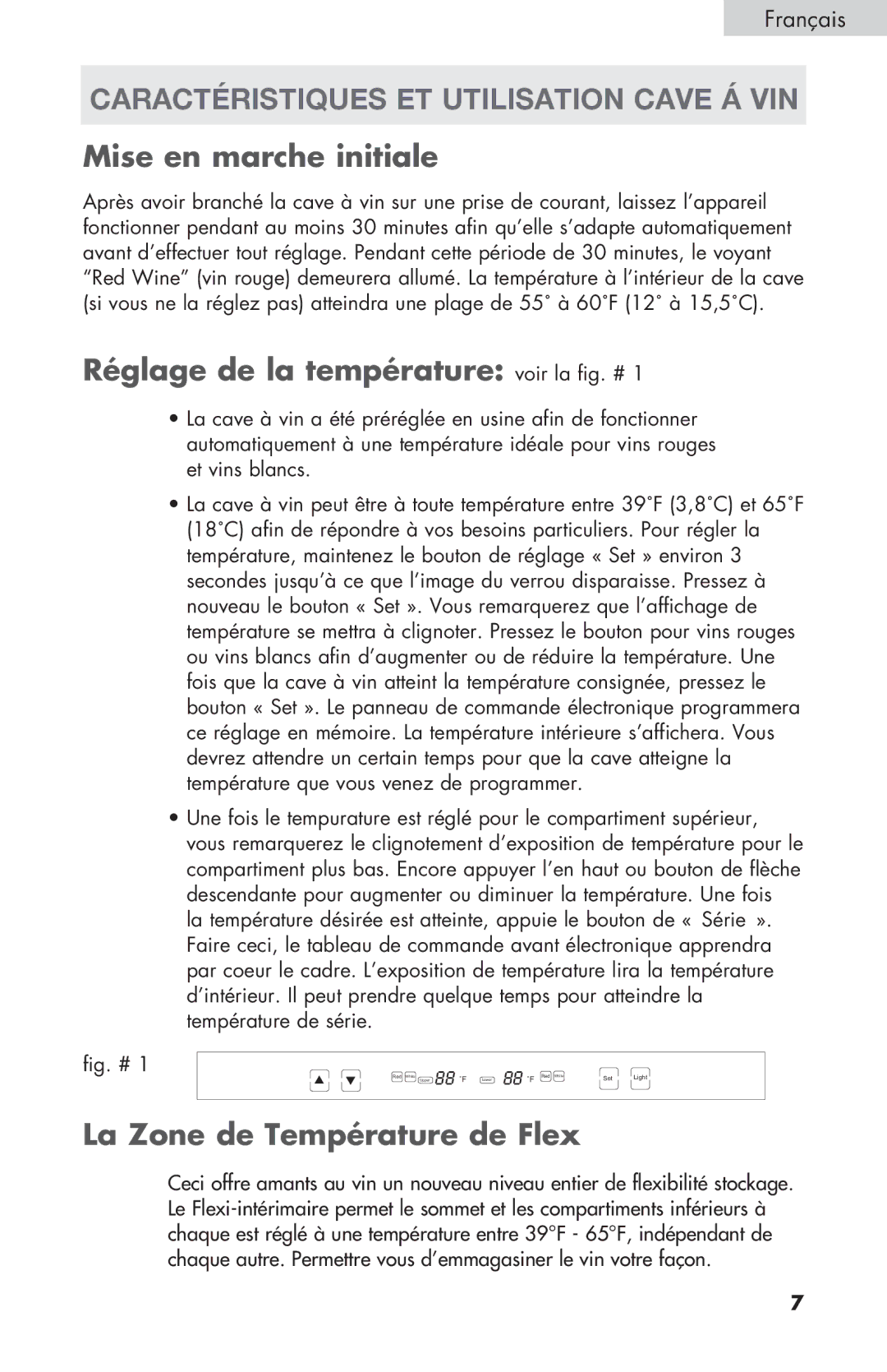 Haier HVZ040ABH5S Caractéristiques et utilisation cave á vin, Mise en marche initiale, La Zone de Température de Flex 