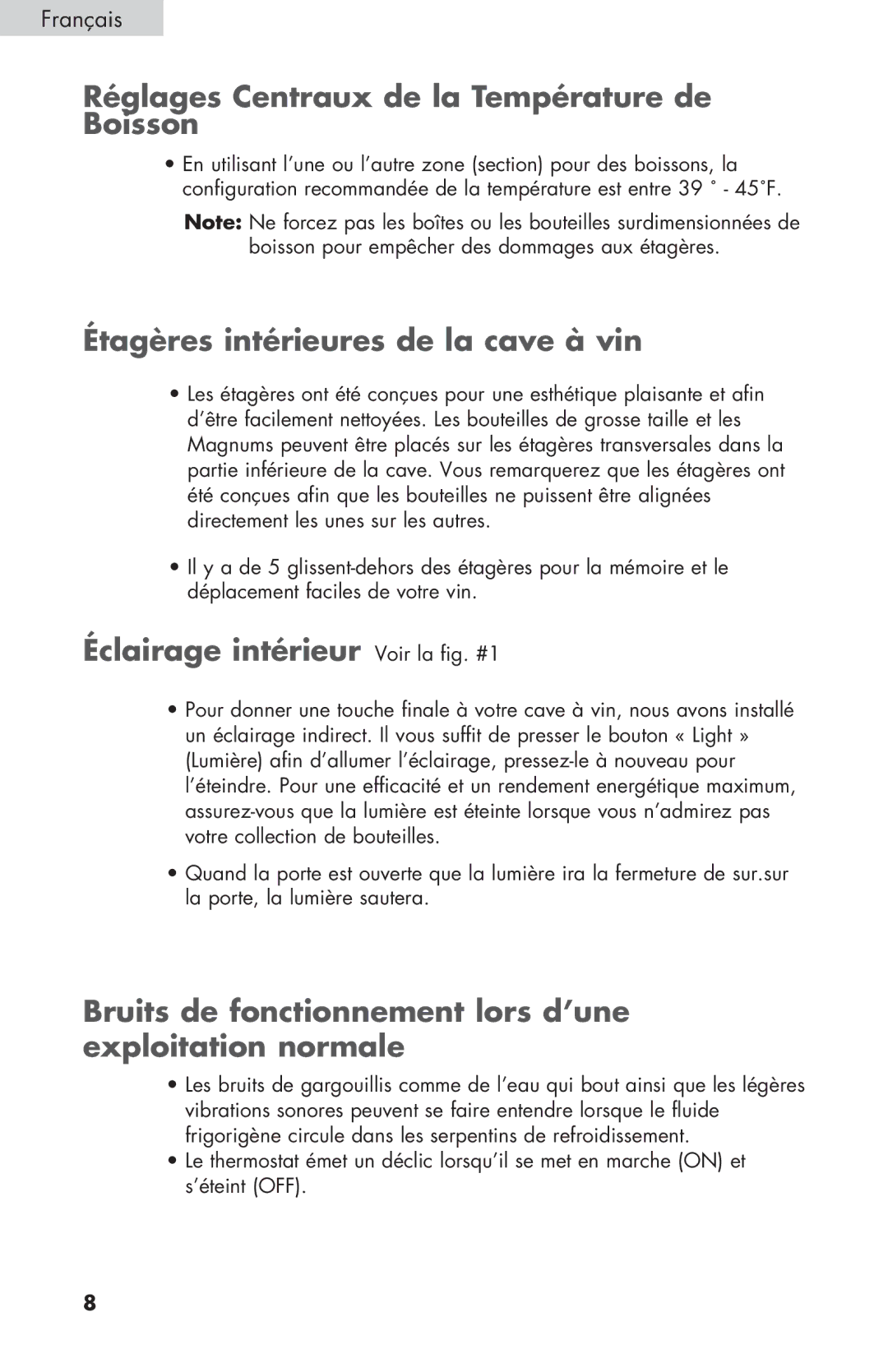 Haier HVZ040ABH5S user manual Réglages Centraux de la Température de Boisson, Étagères intérieures de la cave à vin 