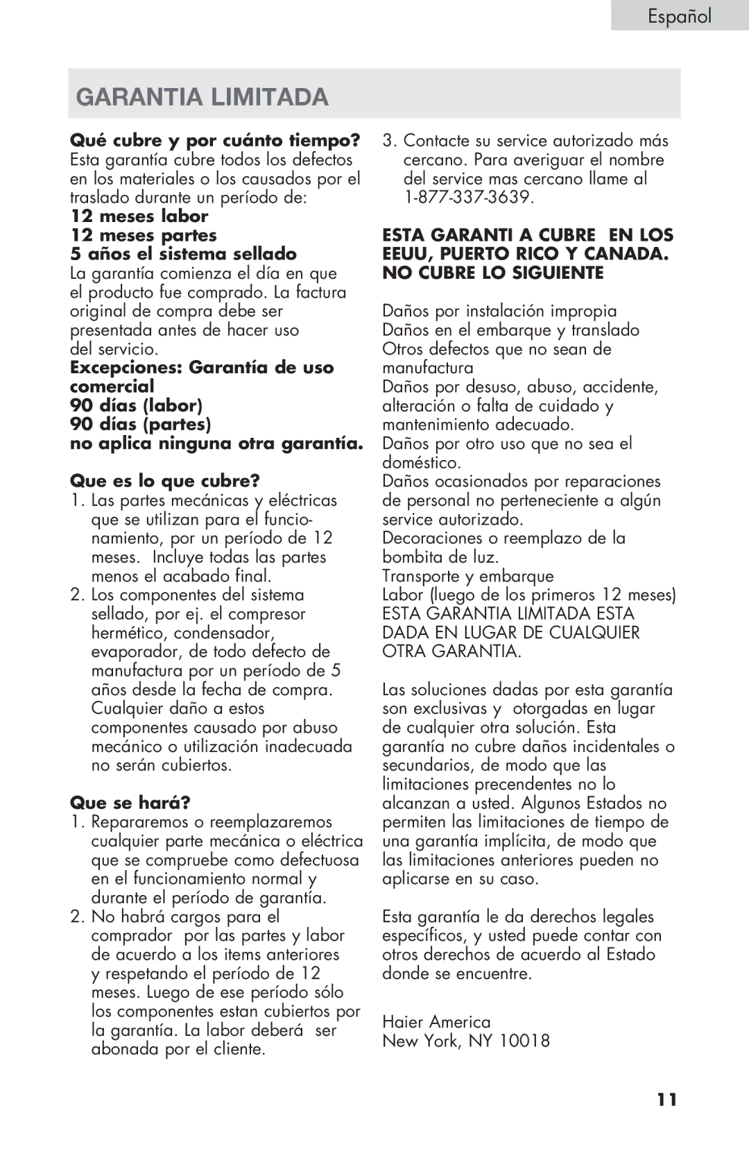 Haier HVZ040ABH5S user manual Garantia limitada, Meses labor Meses partes Años el sistema sellado 