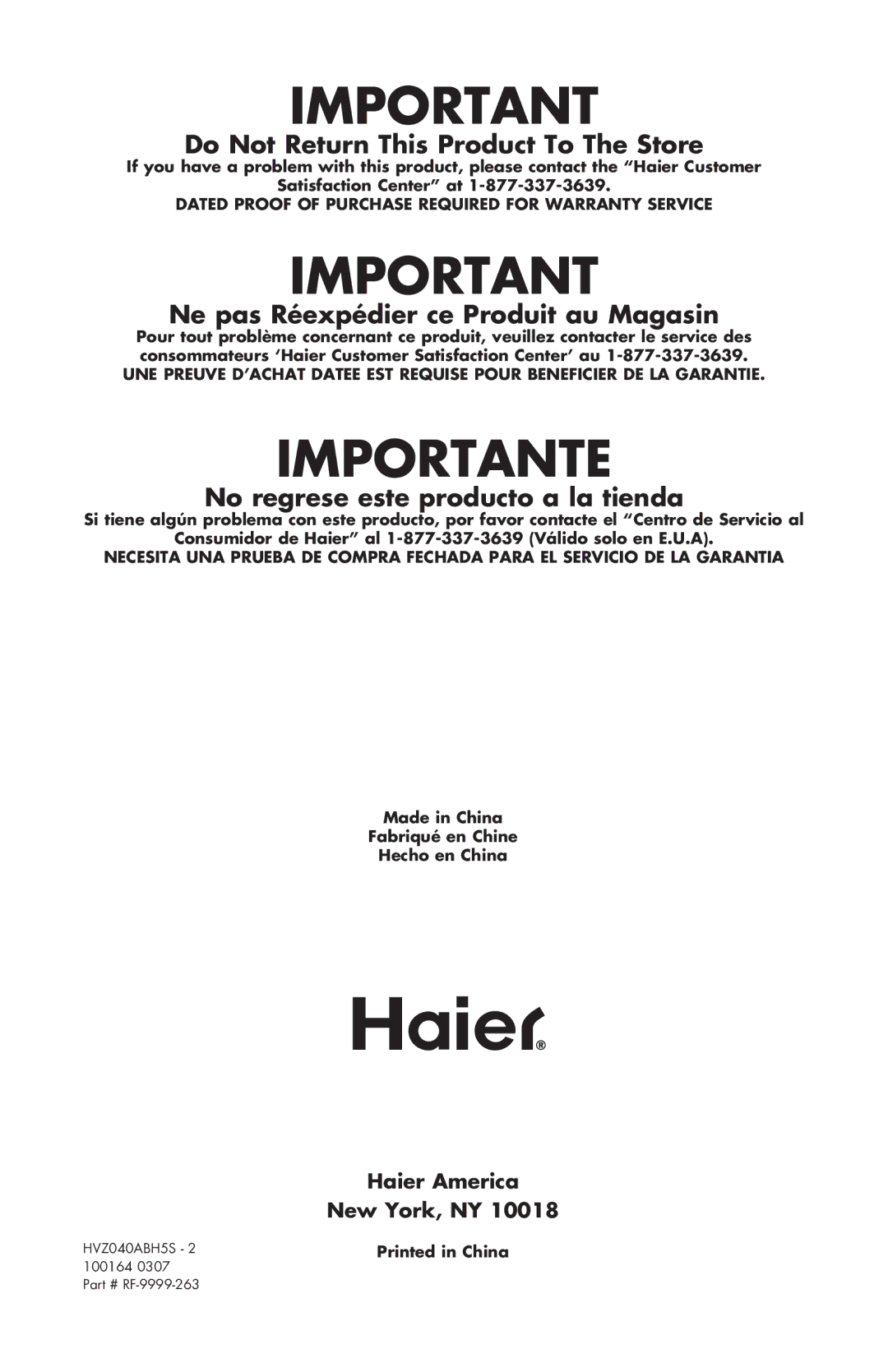 Haier HVZ040ABH5S user manual Importante 