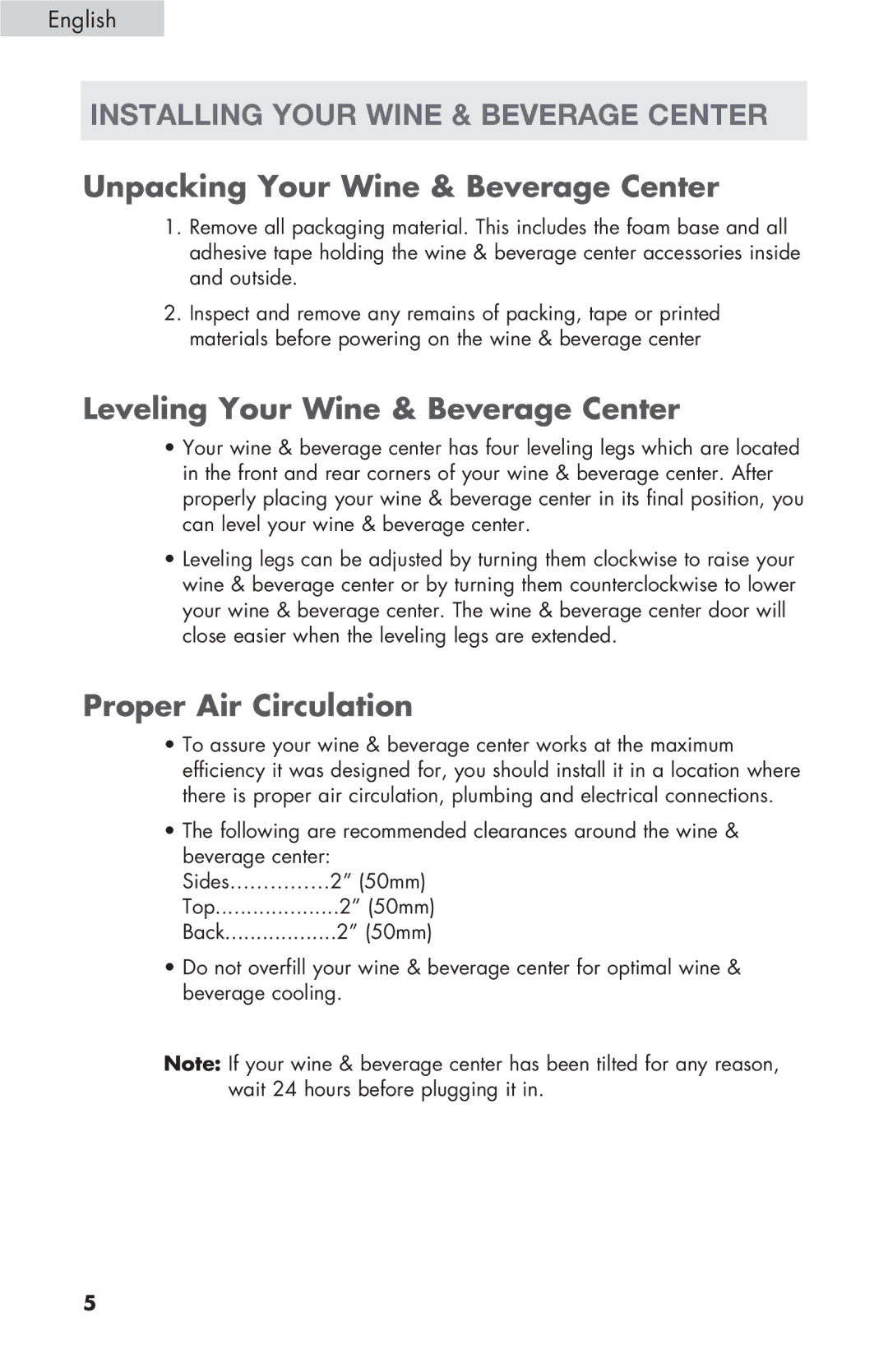 Haier HVZ040ABH5S Installing your wine & beverage center, Unpacking Your Wine & Beverage Center, Proper Air Circulation 