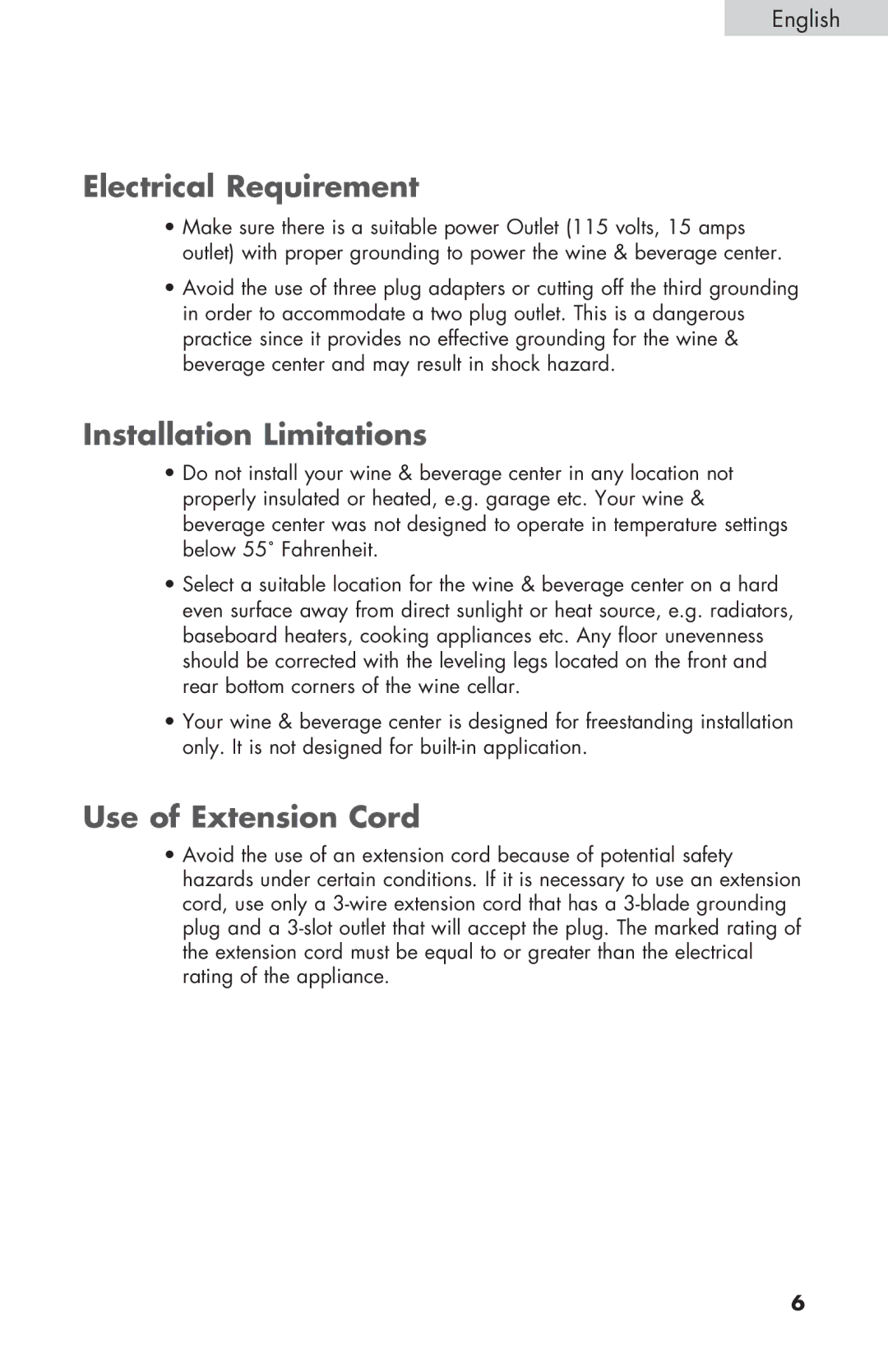 Haier HVZ040ABH5S user manual Electrical Requirement, Installation Limitations, Use of Extension Cord 