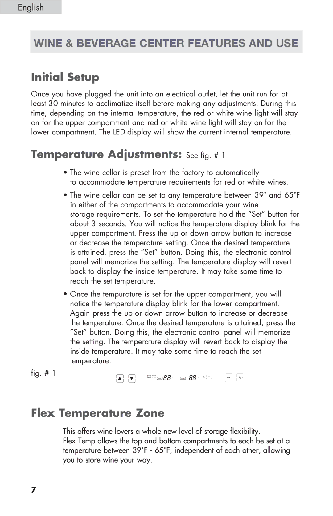 Haier HVZ040ABH5S user manual Wine & beverage center features and use, Initial Setup, Temperature Adjustments See fig. # 