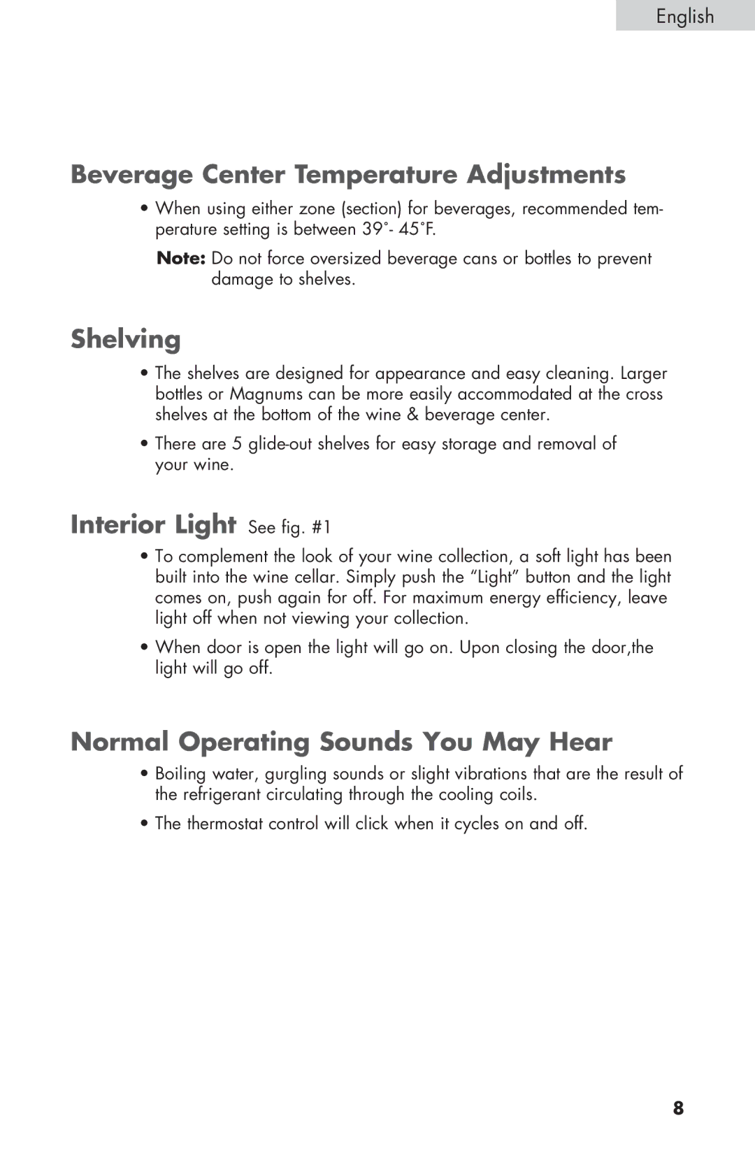 Haier HVZ040ABH5S user manual Beverage Center Temperature Adjustments, Shelving, Interior Light See fig. #1 