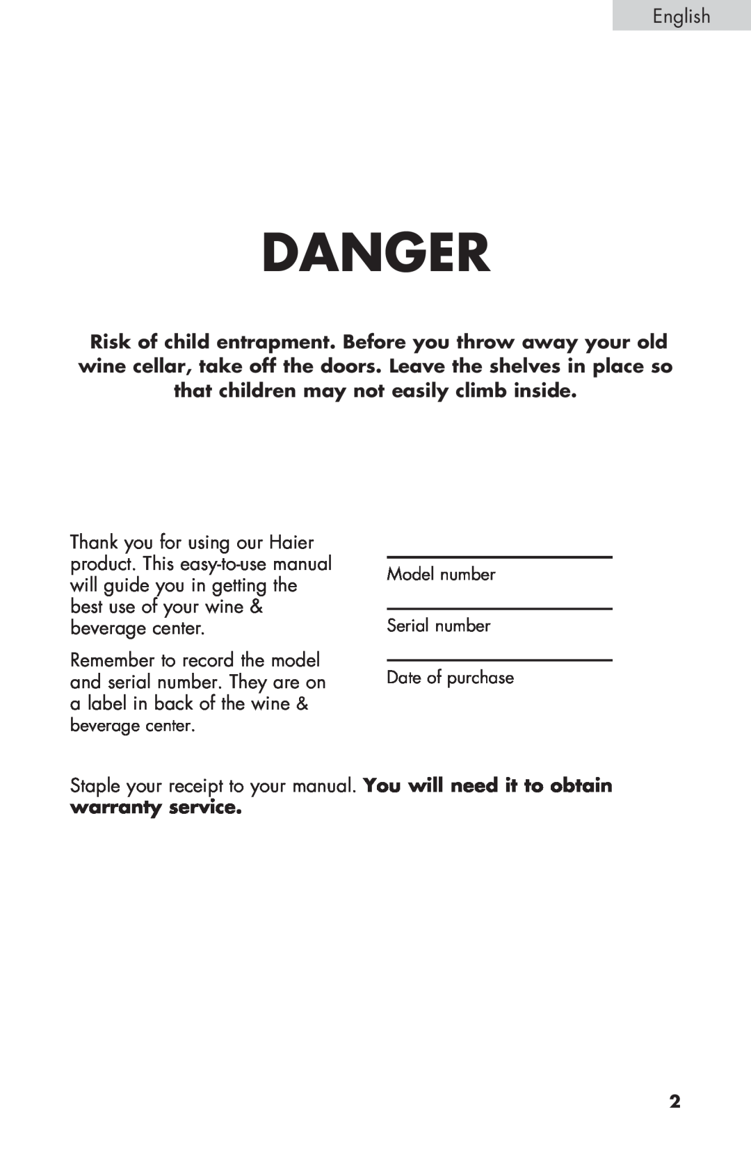 Haier HVZ040ABH5S user manual Danger 
