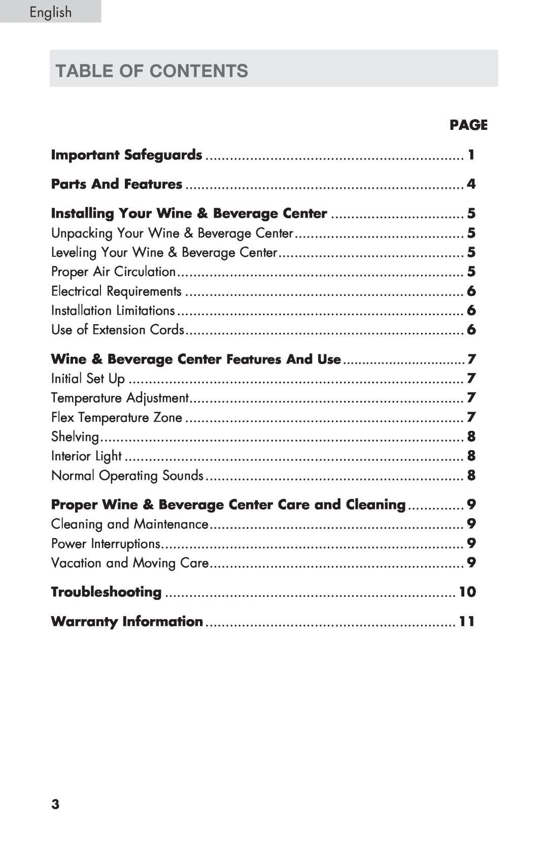 Haier HVZ040ABH5S user manual table of contents 