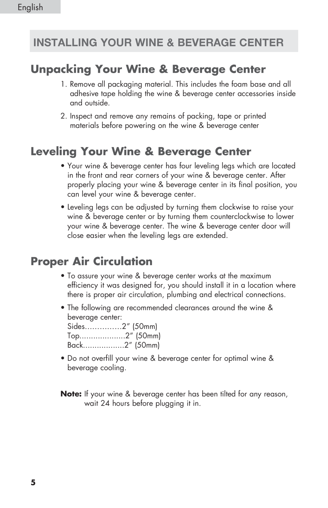 Haier HVZ040ABH5S installing your wine & beverage center, Unpacking Your Wine & Beverage Center, Proper Air Circulation 