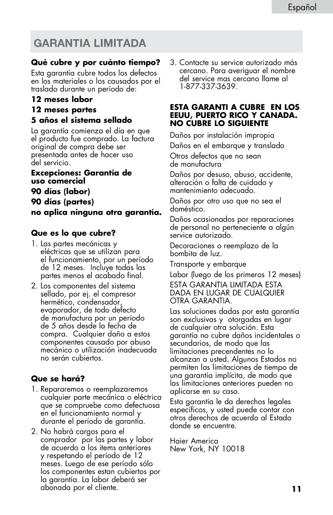 Haier HVZ040ABH5SBJ user manual Garantia limitada, Qué cubre y por cuánto tiempo? 