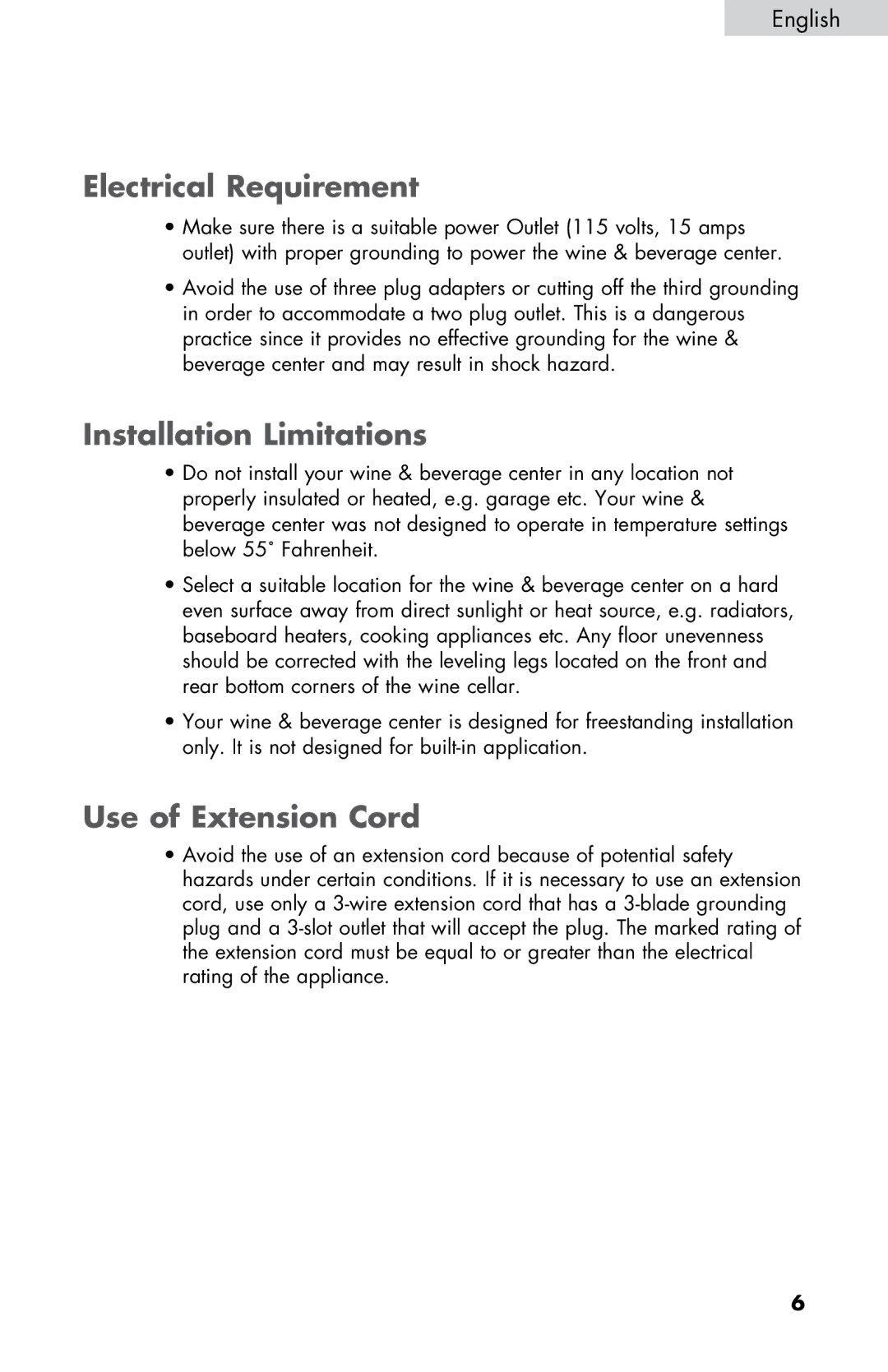 Haier HVZ040ABH5SBJ user manual Electrical Requirement, Installation Limitations, Use of Extension Cord 