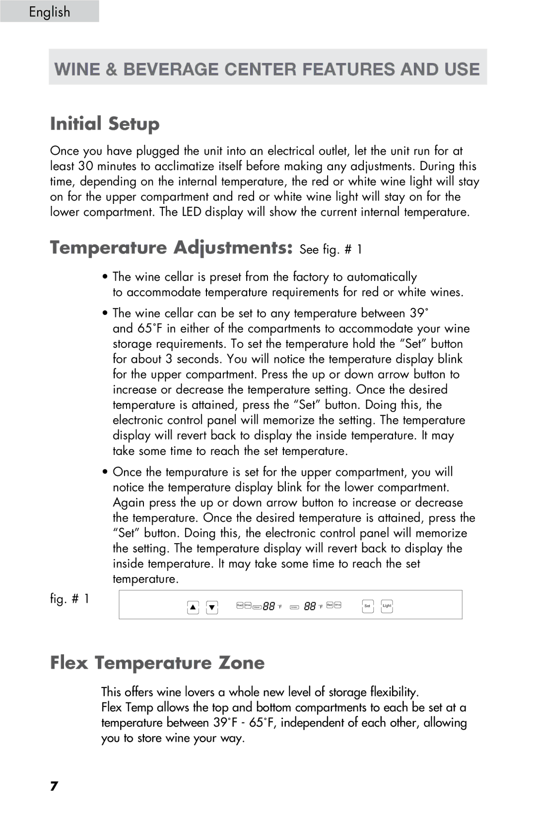 Haier HVZ040ABH5SBJ user manual Wine & beverage center features and use, Initial Setup, Temperature Adjustments See fig. # 