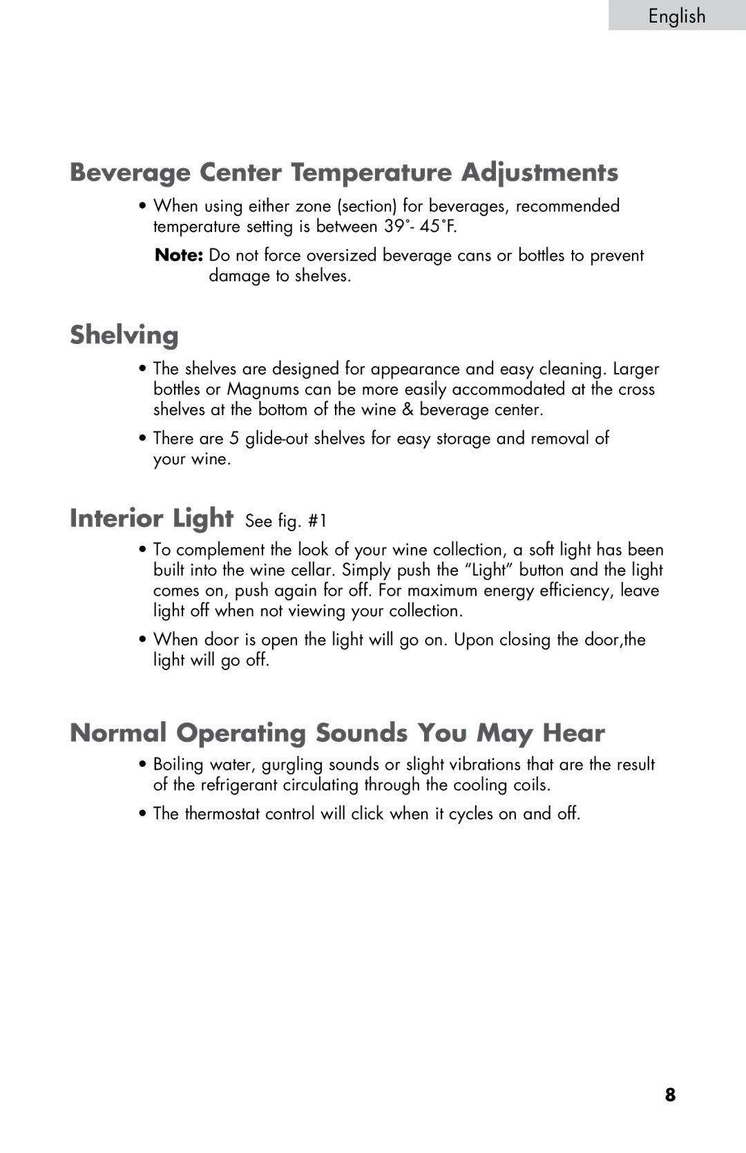 Haier HVZ040ABH5SBJ user manual Beverage Center Temperature Adjustments, Shelving, Interior Light See fig. #1 