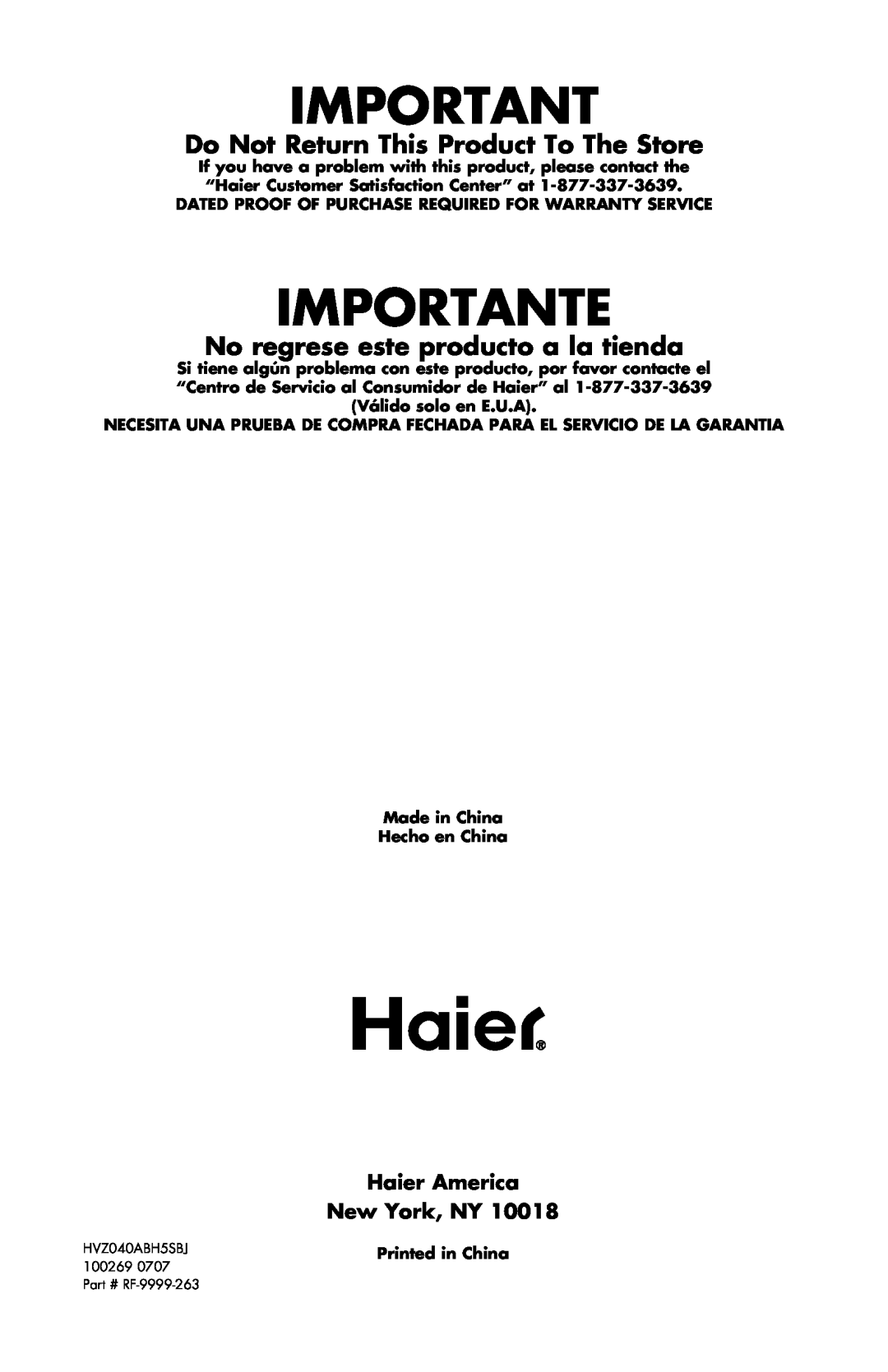 Haier HVZ040ABH5SBJ user manual Importante, Do Not Return This Product To The Store, No regrese este producto a la tienda 