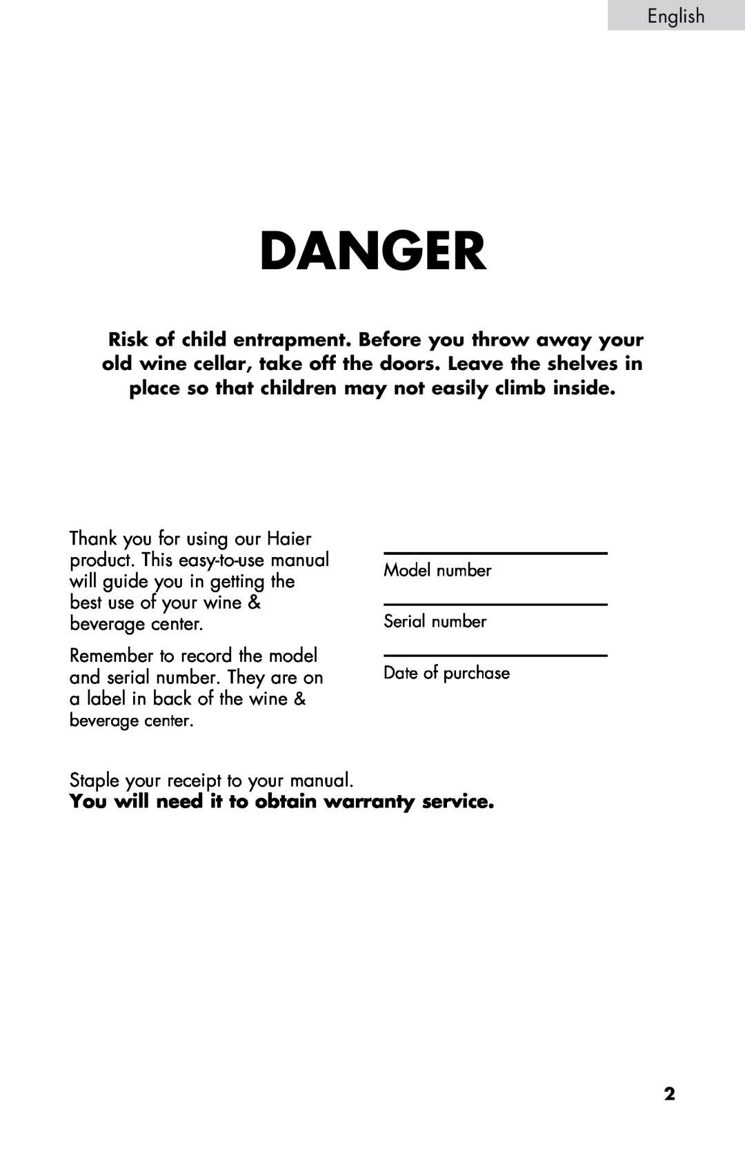 Haier HVZ040ABH5SBJ user manual Danger 
