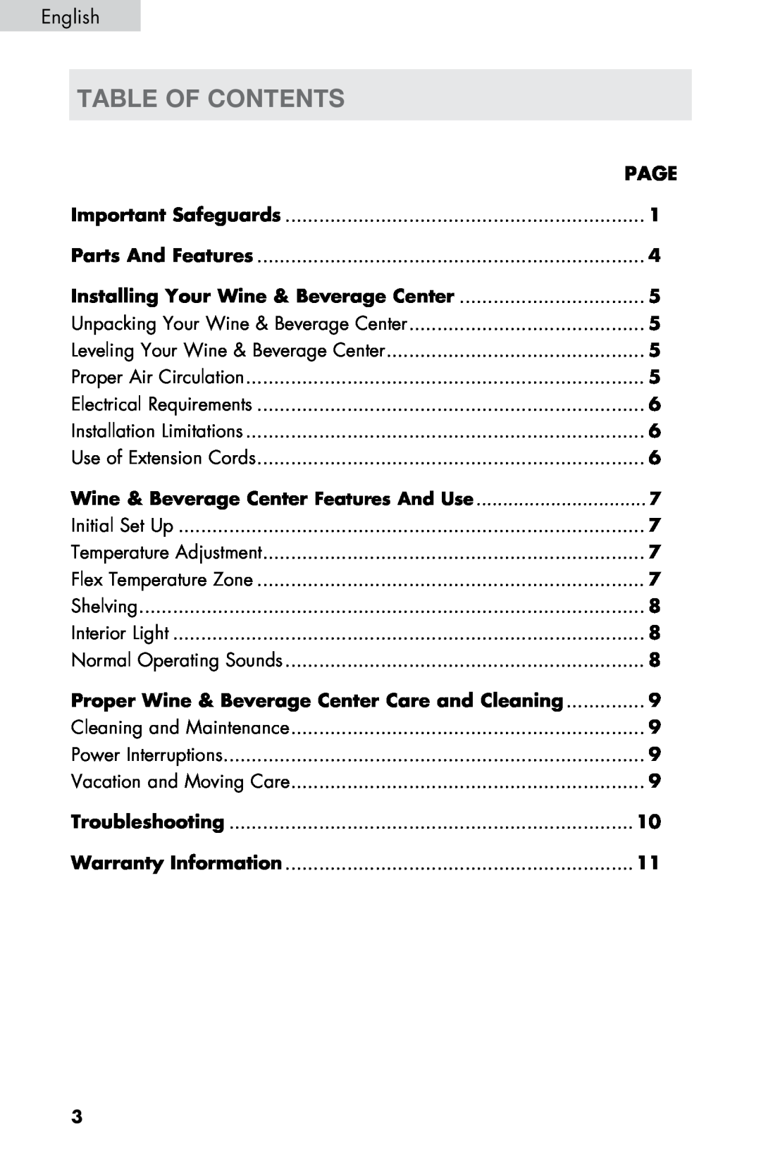 Haier HVZ040ABH5SBJ user manual table of contents 