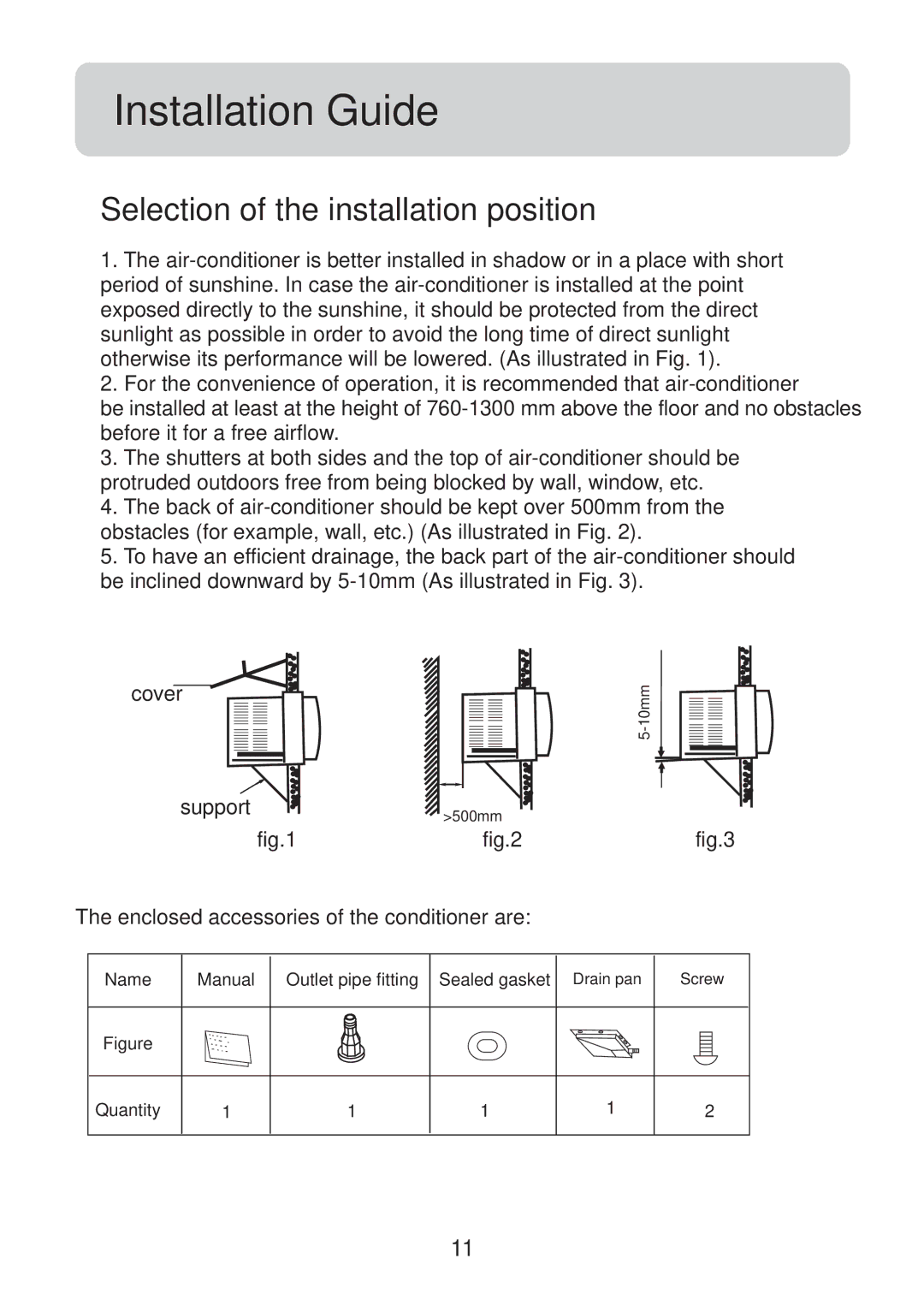 Haier HW-07LM03, HW-12LM13, HW-07LM13, HW-12LM03, HW-09LM13 Installation Guide, Selection of the installation position 