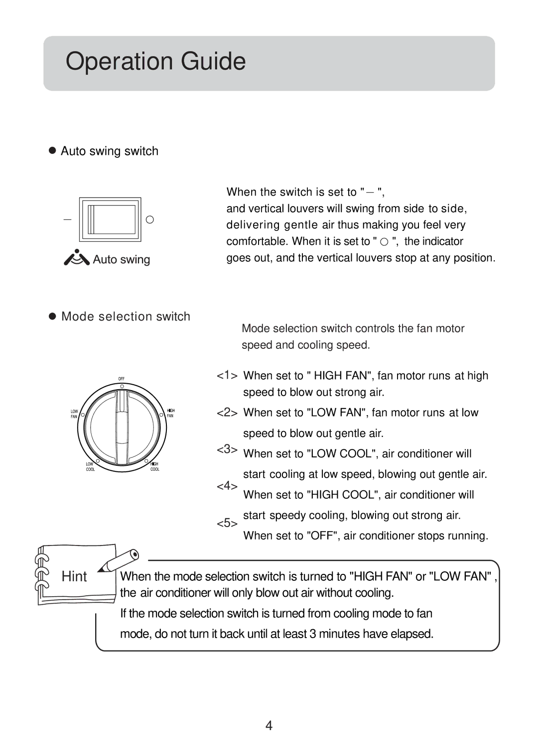 Haier HW-09LM03, HW-12LM13, HW-07LM13, HW-12LM03, HW-09LM13, HW-07LM03 operation manual Operation Guide, Auto swing switch 