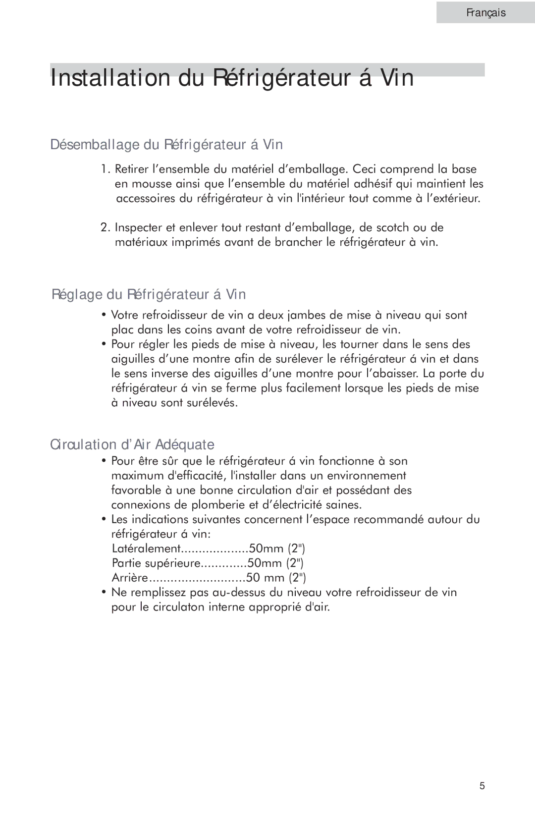 Haier HW42WF10NG, HW24WF10NG user manual Installation du Réfrigérateur á Vin, Désemballage du Réfrigérateur á Vin 