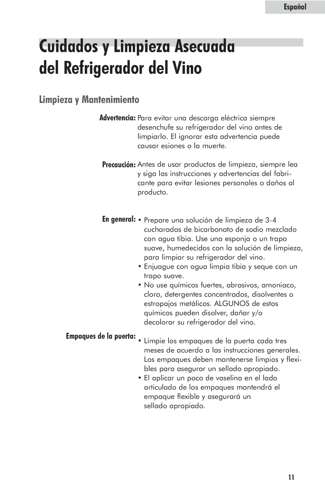 Haier HW42WF10NG, HW24WF10NG user manual Cuidados y Limpieza Asecuada del Refrigerador del Vino, Limpieza y Mantenimiento 