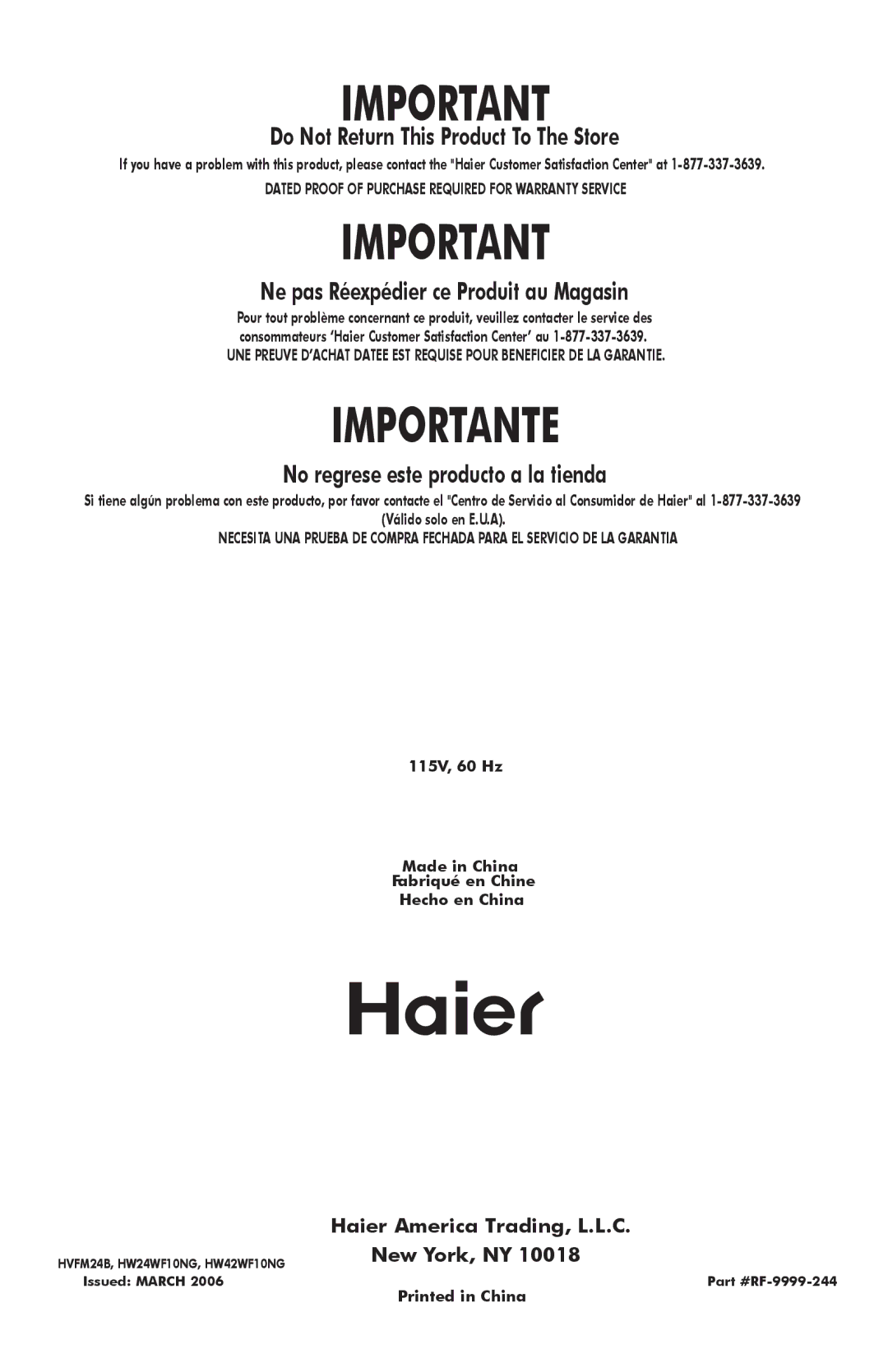 Haier HW24WF10NG, HW42WF10NG user manual Importante 