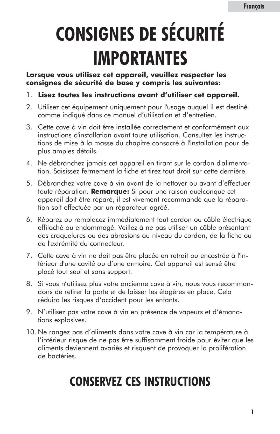 Haier HW42WF10NG, HW24WF10NG user manual Importantes, Consignes De Sécurité, Conservez Ces Instructions, Français 