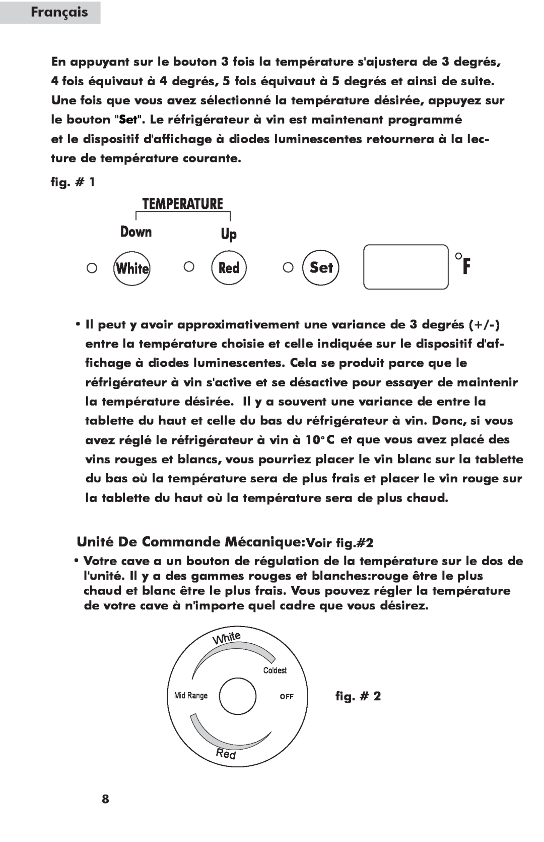Haier HW24WF10NG, HW42WF10NG user manual Unité De Commande MécaniqueVoir fig.#2, TEMPERATURE Down Up White Red Set, Français 