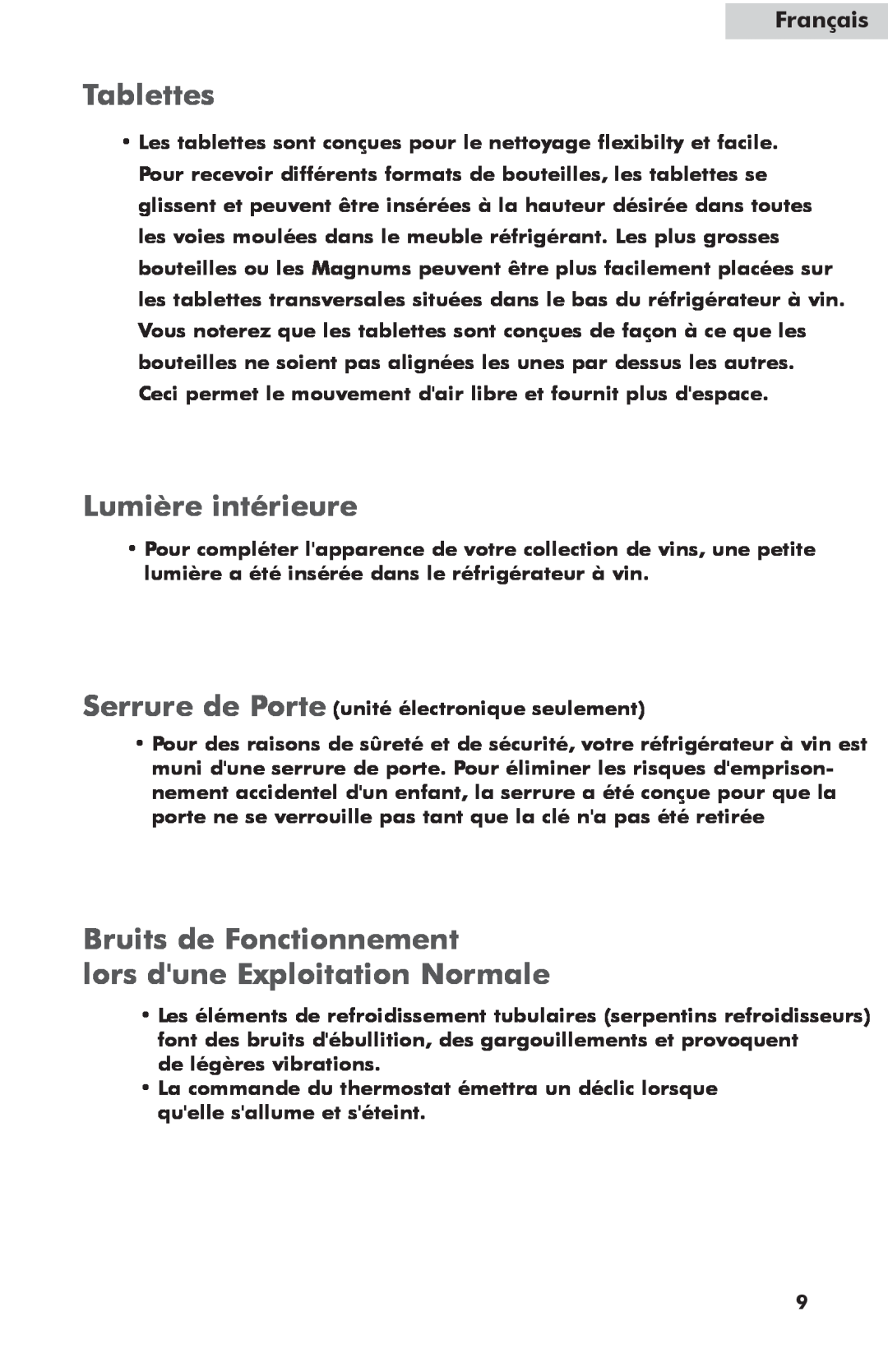 Haier HW42WF10NG Tablettes, Lumière intérieure, Bruits de Fonctionnement lors dune Exploitation Normale, Français 