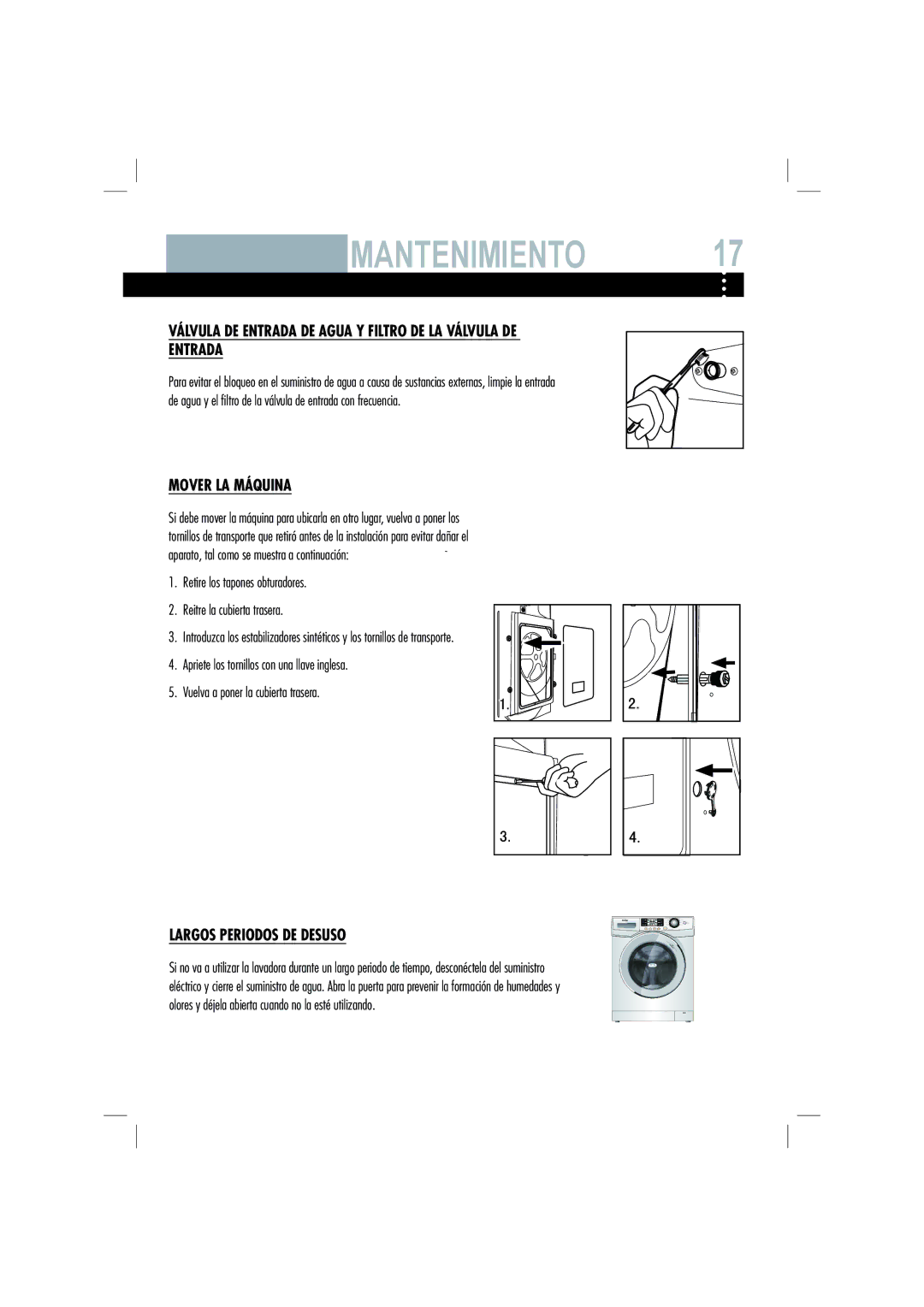 Haier HW80-B1286 manual Válvula DE Entrada DE Agua Y Filtro DE LA Válvula DE, Mover LA Máquina, Largos Periodos DE Desuso 