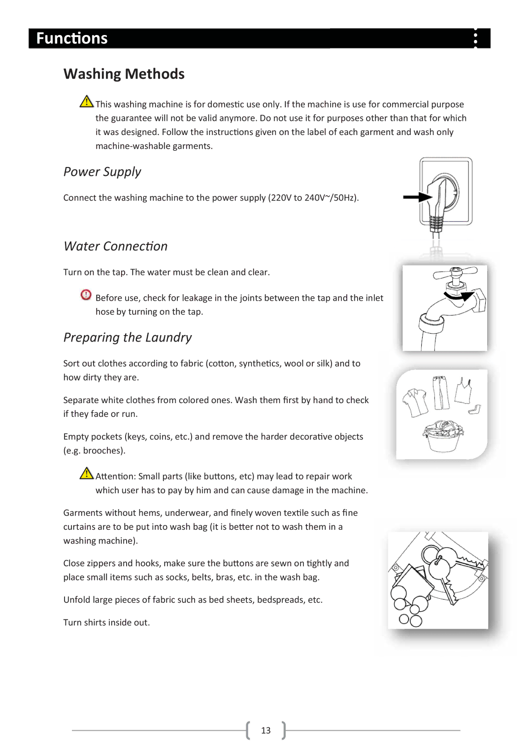 Haier HW80-1279 user manual Func, Washing Methods, Power Supply, Water Connec, Preparing the Laundry 