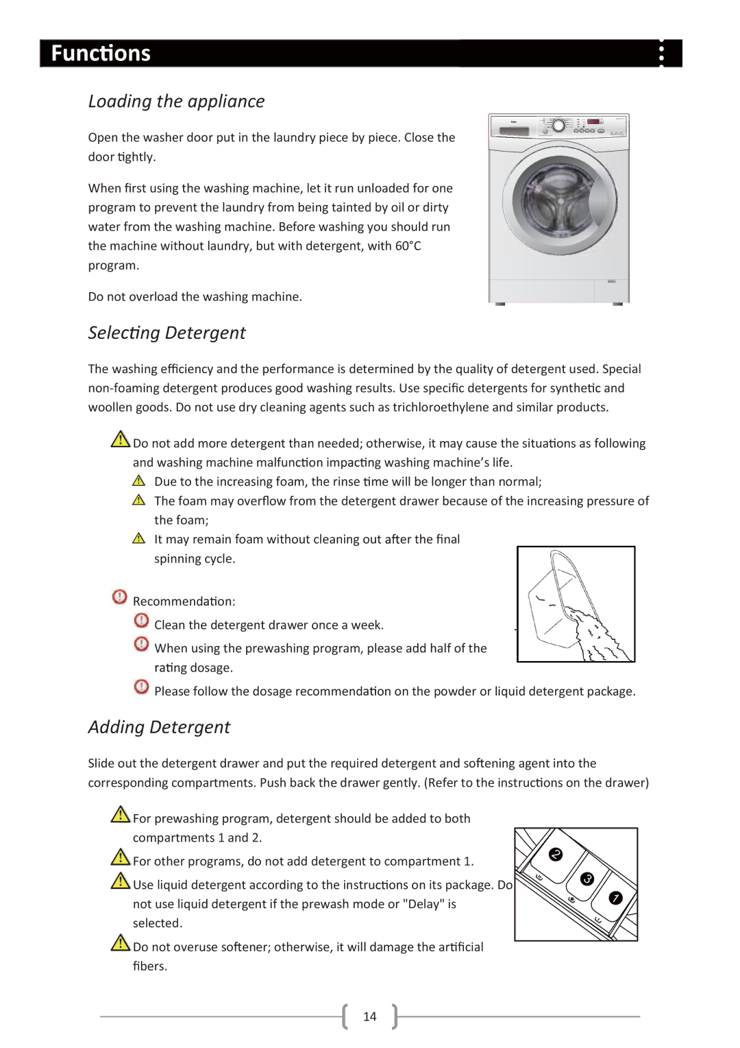 Haier HW80-1279 user manual Loading the appliance, Sele ng Detergent, Adding Detergent 