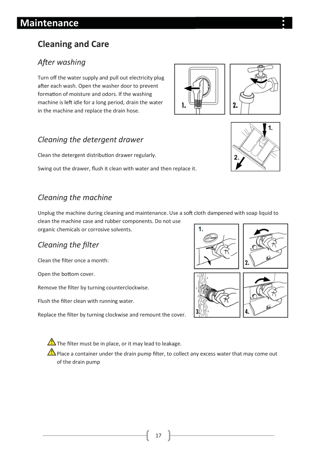 Haier HW80-1279 user manual Maintenance, Cleaning and Care, Cleaning the detergent drawer, Cleaning the machine 