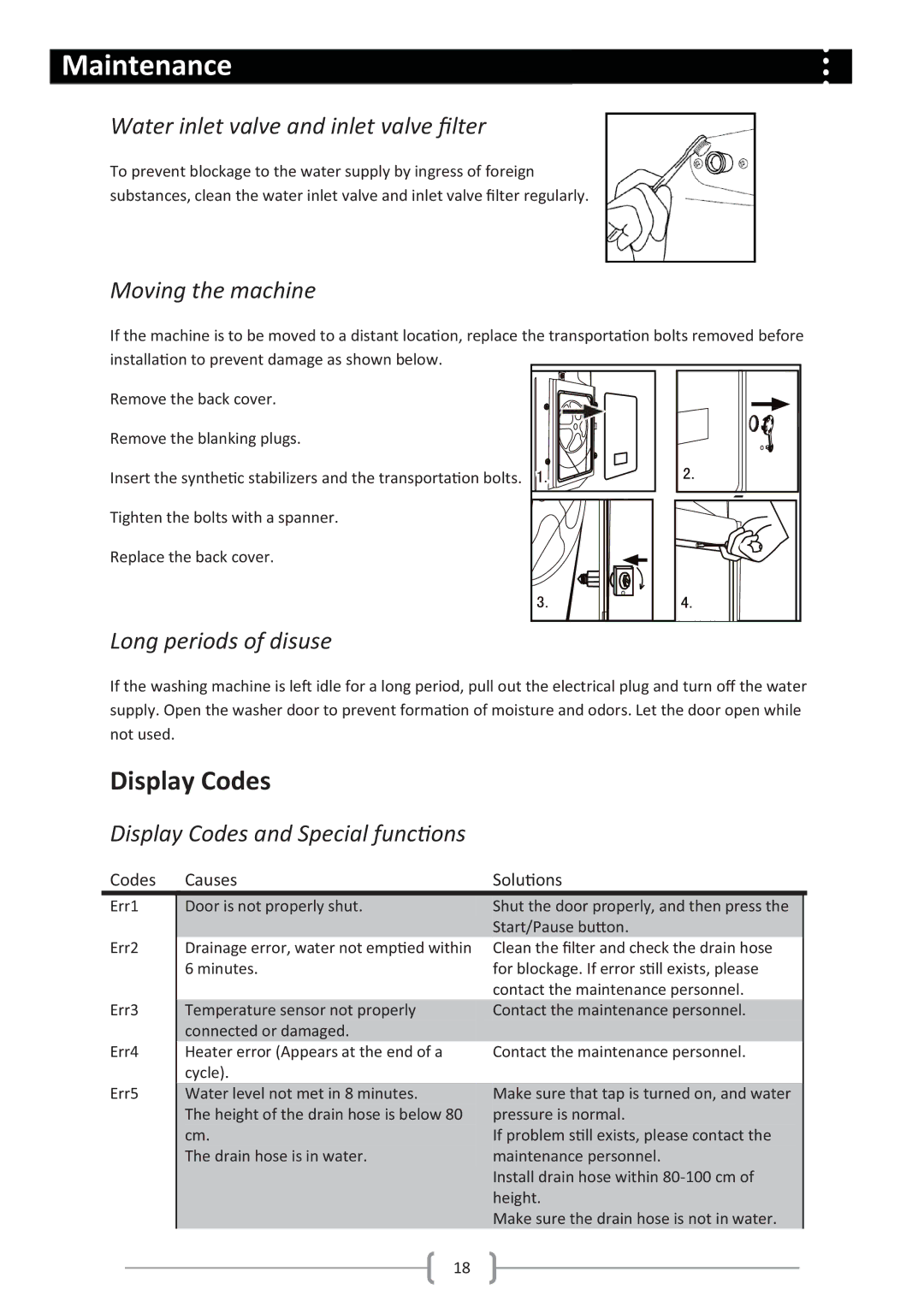 Haier HW80-1279 user manual Maintenance, Display Codes 