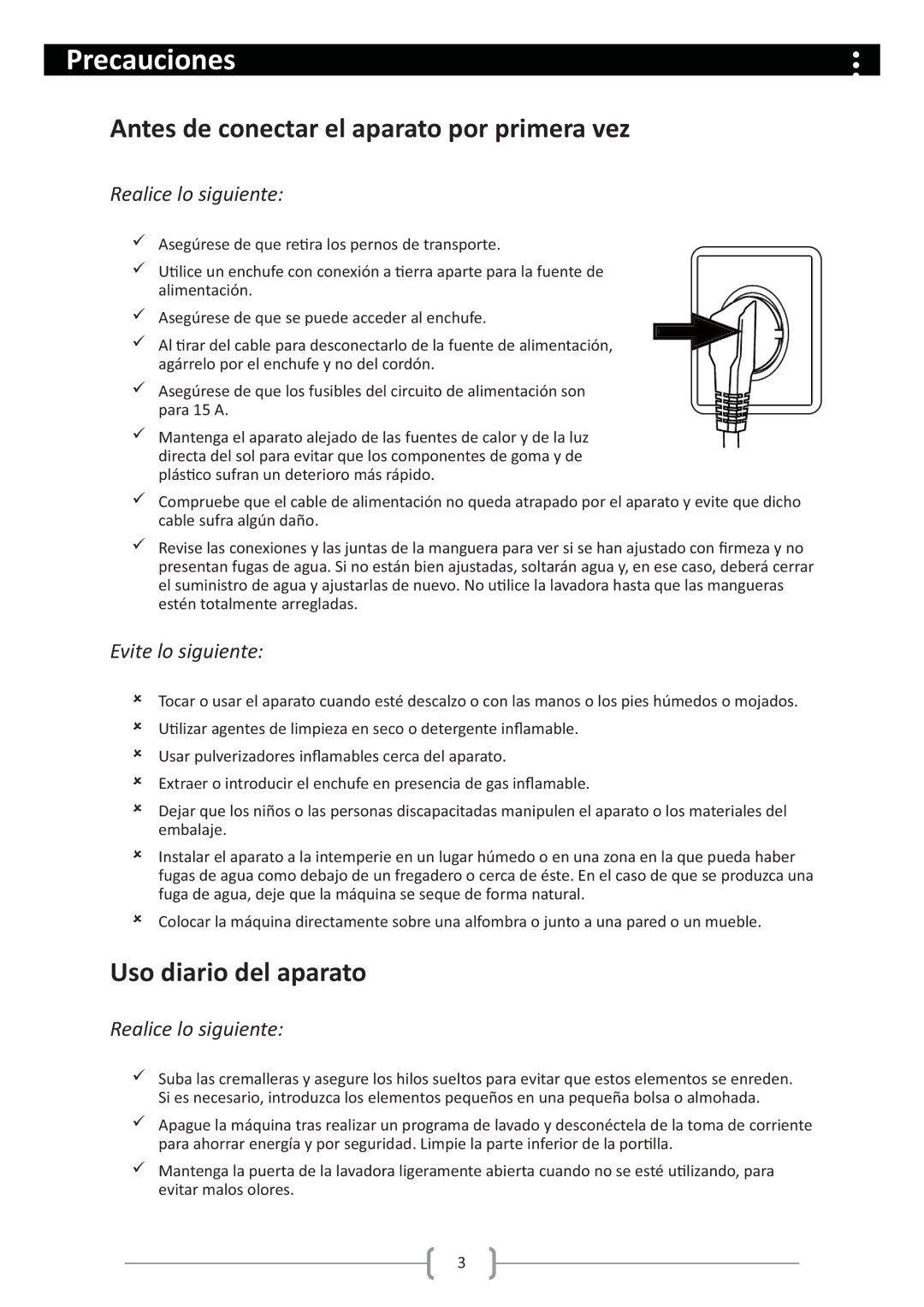 Haier HW80-1279 user manual Precauciones, Antes de conectar el aparato por primera vez, Uso diario del aparato 