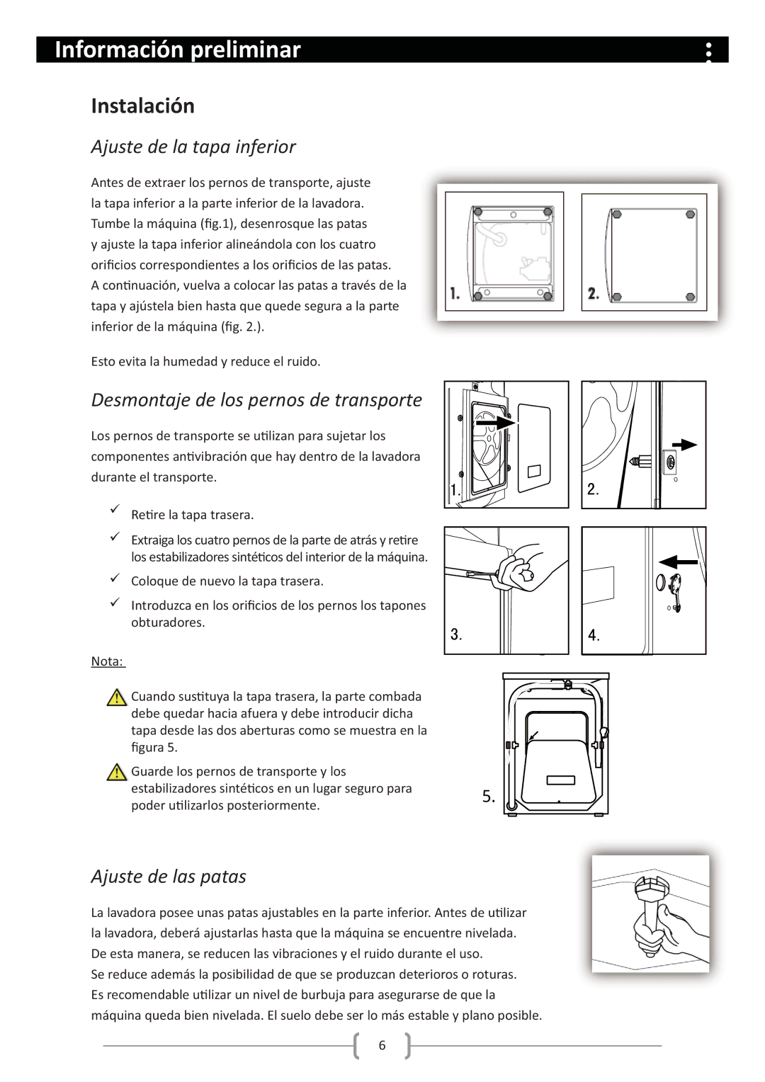 Haier HW80-1279 Instalación, Ajuste de la tapa inferior, Desmontaje de los pernos de transporte, Ajuste de las patas 