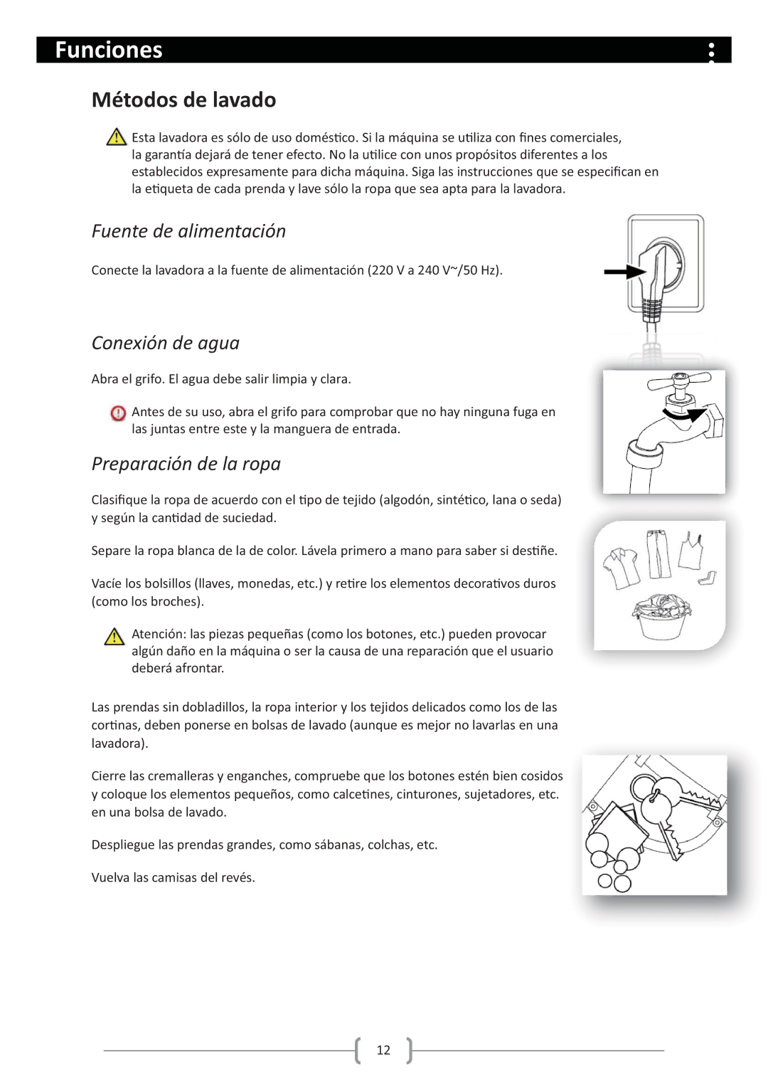 Haier HW80-1279 user manual Métodos de lavado, Fuente de alimentación, Conexión de agua, Preparación de la ropa 